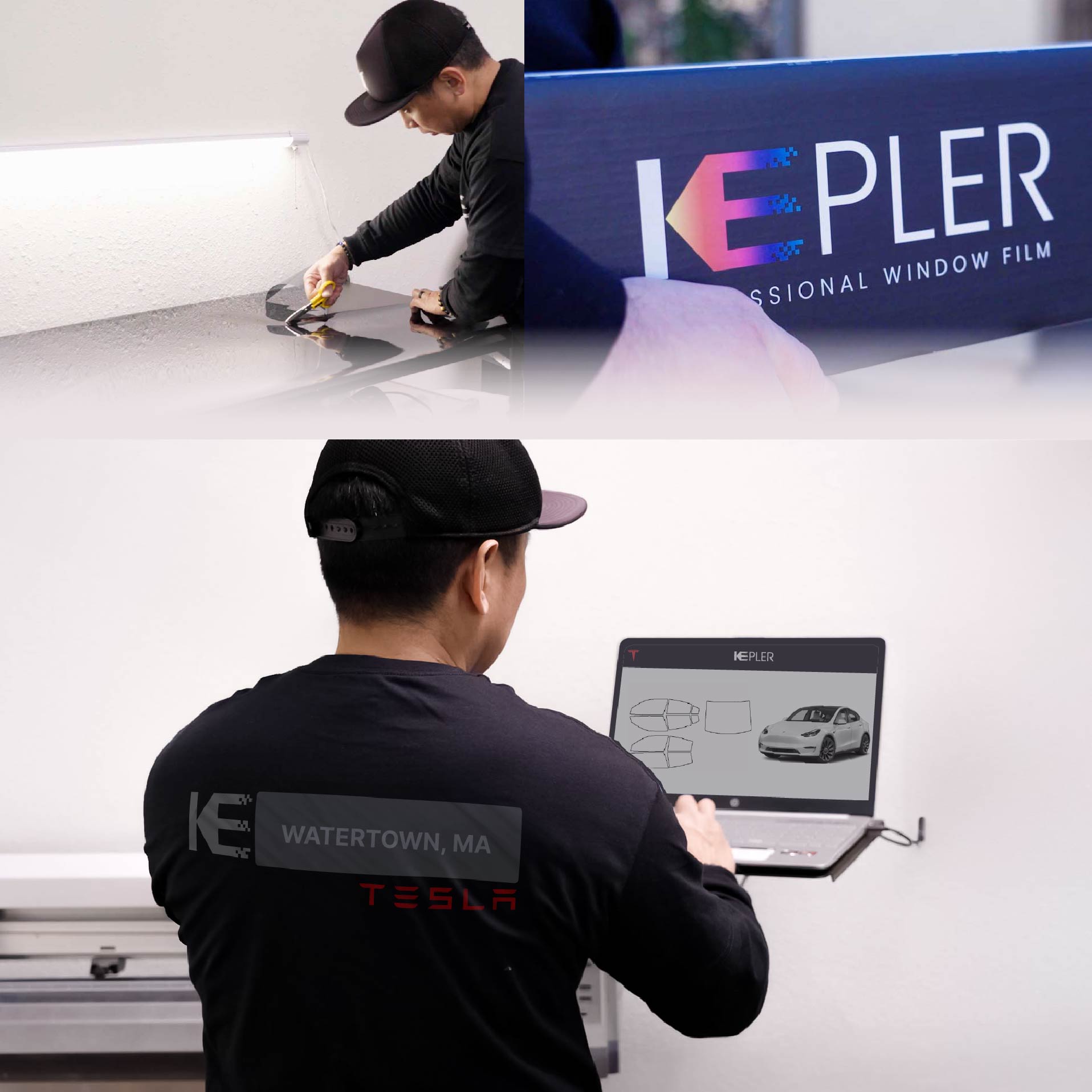 Kepler Technician Installing High-tech Window Tint to Tesla in Watertown
