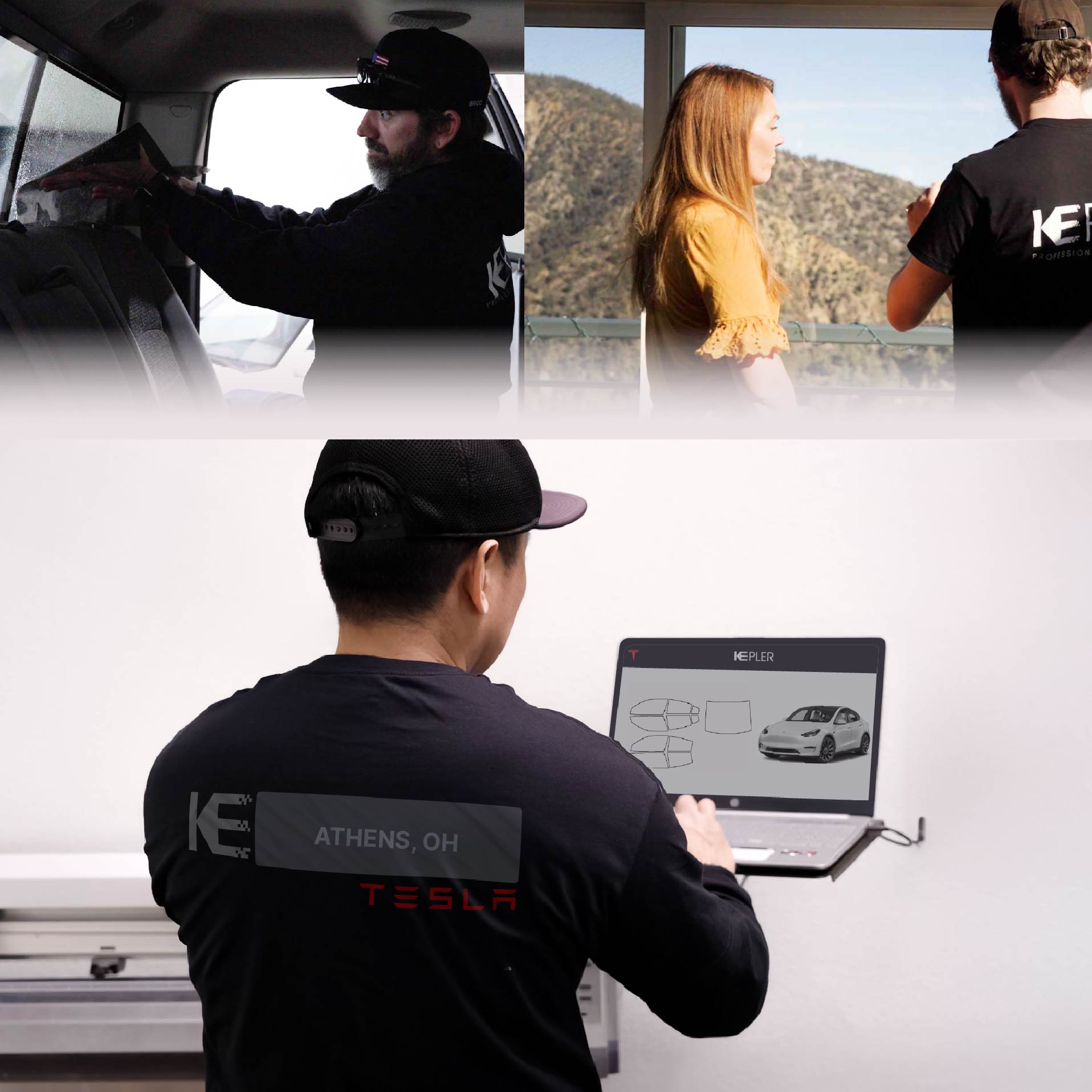 Expert Technician Installing Ceramic Window Tint to Tesla in Athens