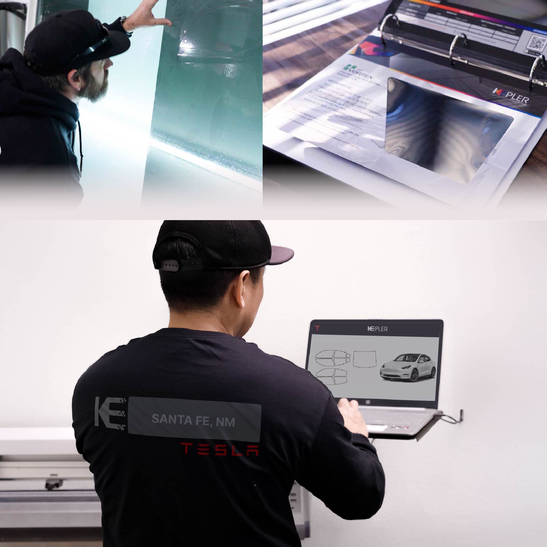 Expert Technician Installing Advanced Window Tint to Tesla in Santa Fe