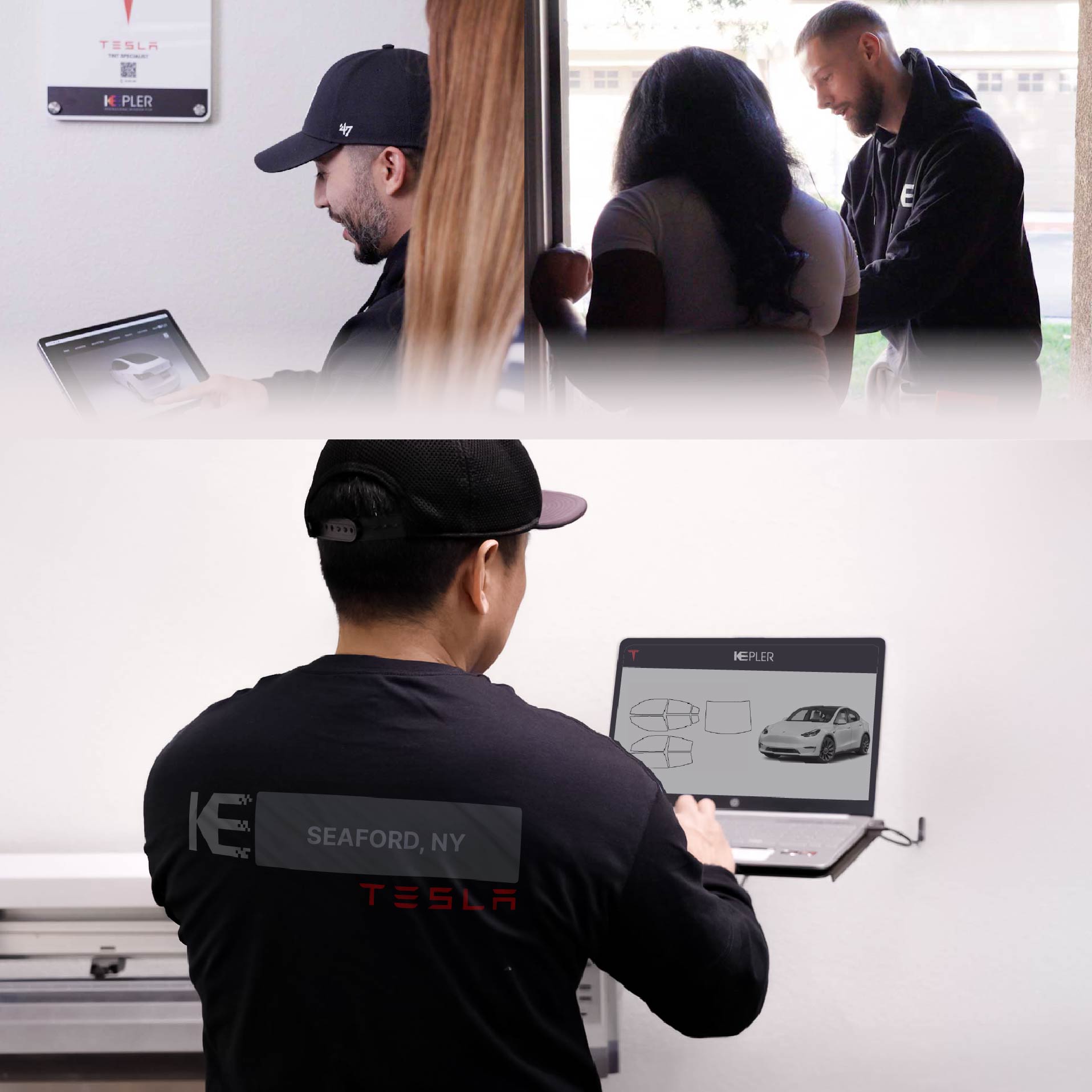 Expert Technician Applying Ceramic Window Tint to Tesla in Seaford