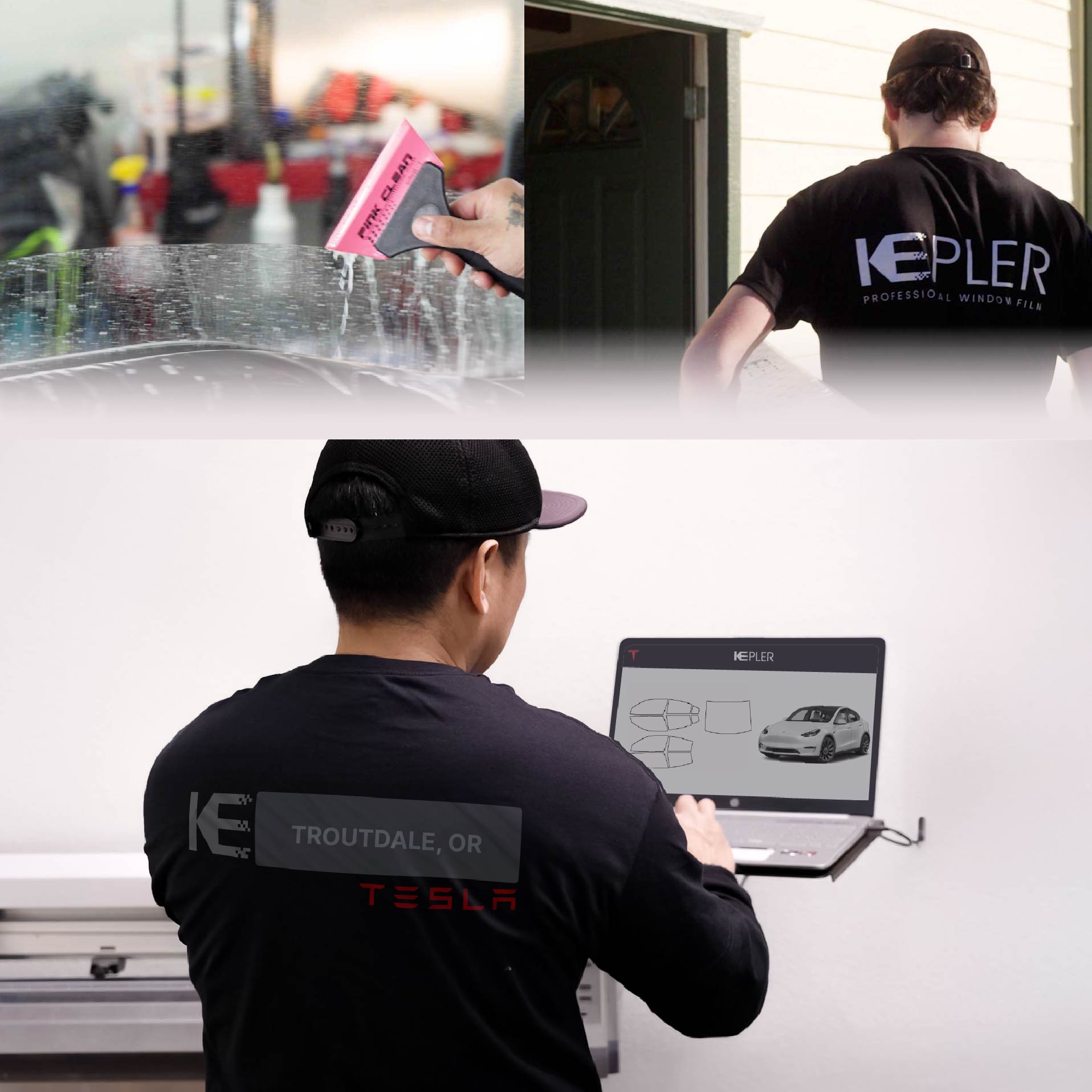 Kepler Technician Fitting Ceramic Window Tint to Tesla in Troutdale