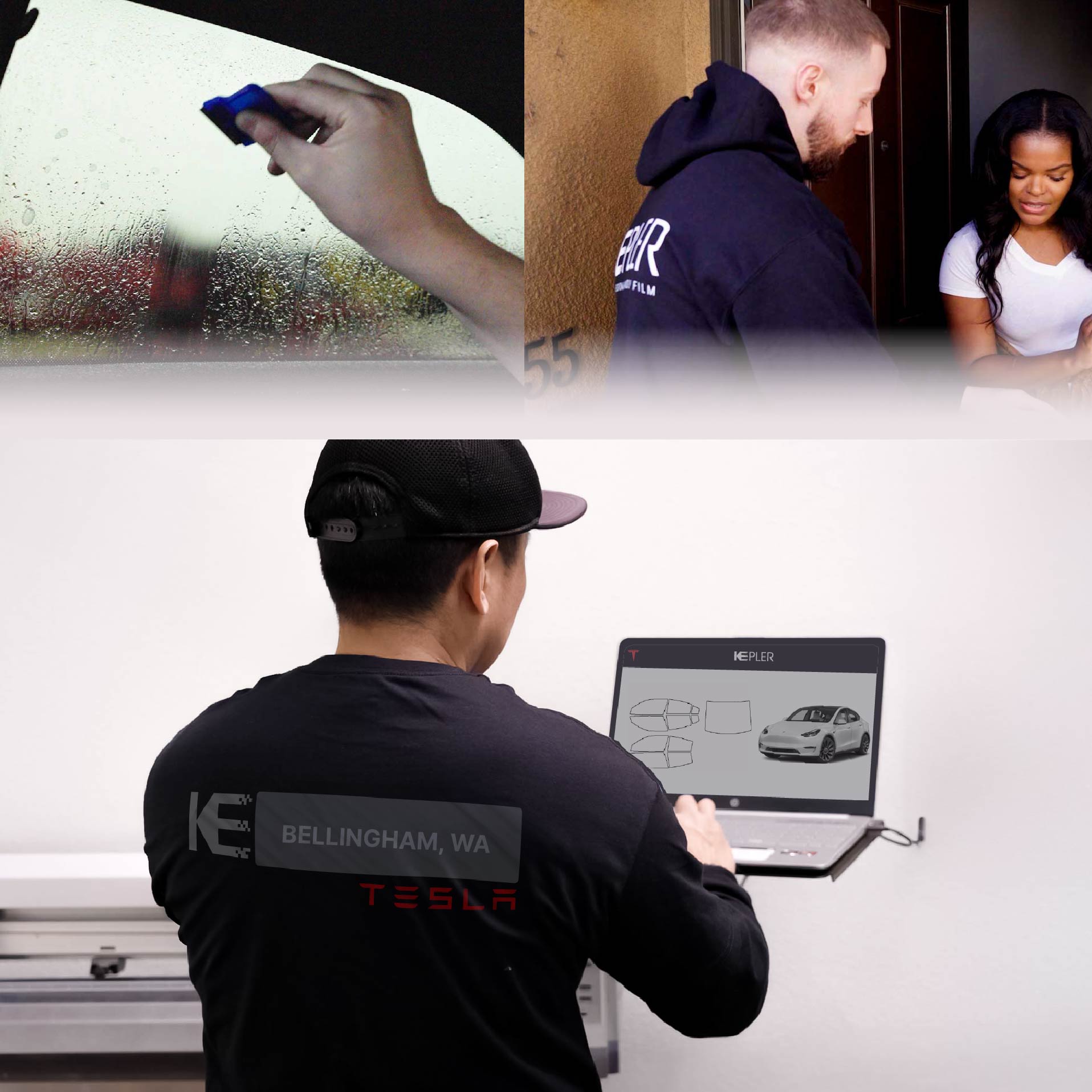 Expert Technician Applying High-tech Window Tint to Tesla in Bellingham