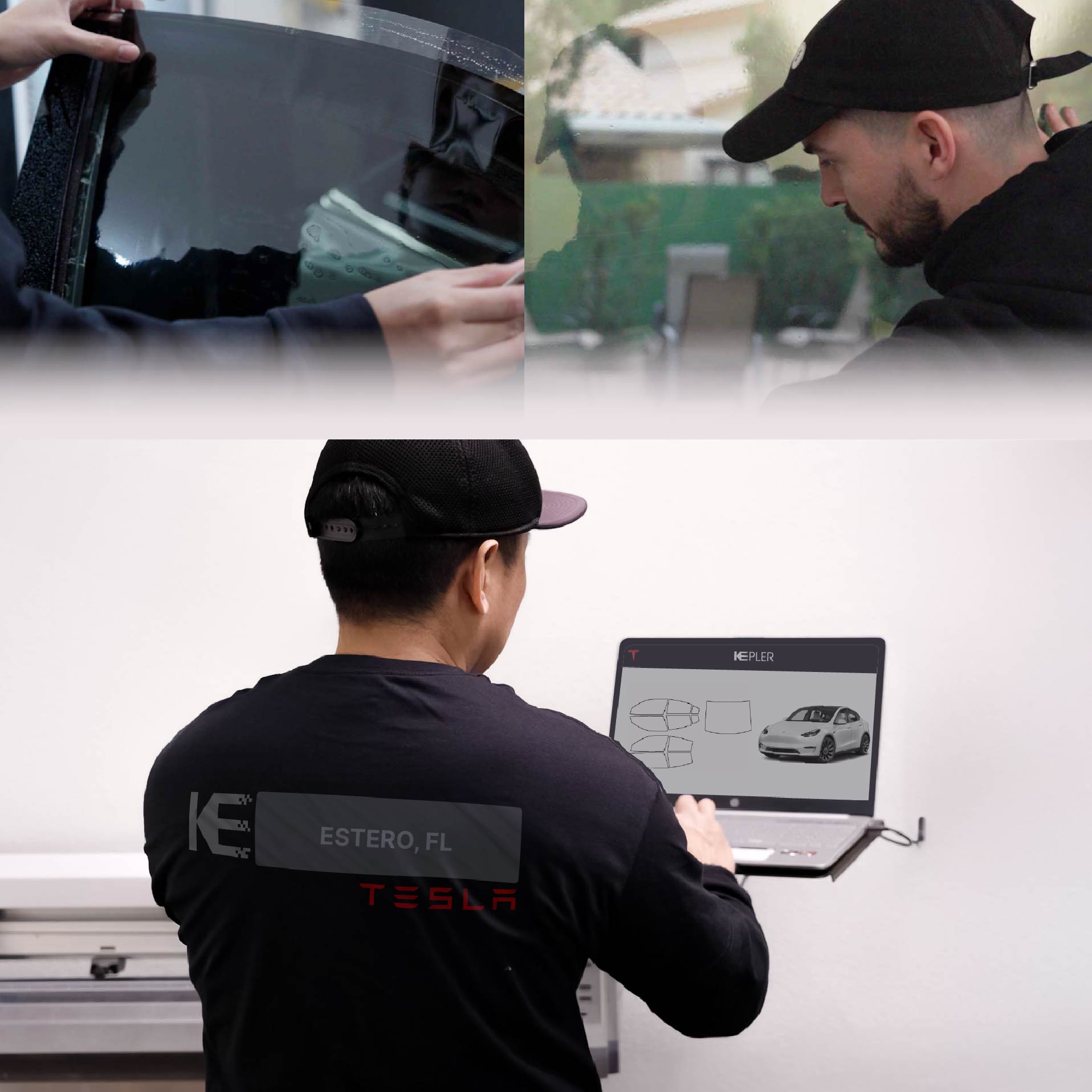 Expert Technician Installing High-tech Window Tint to Tesla in Estero