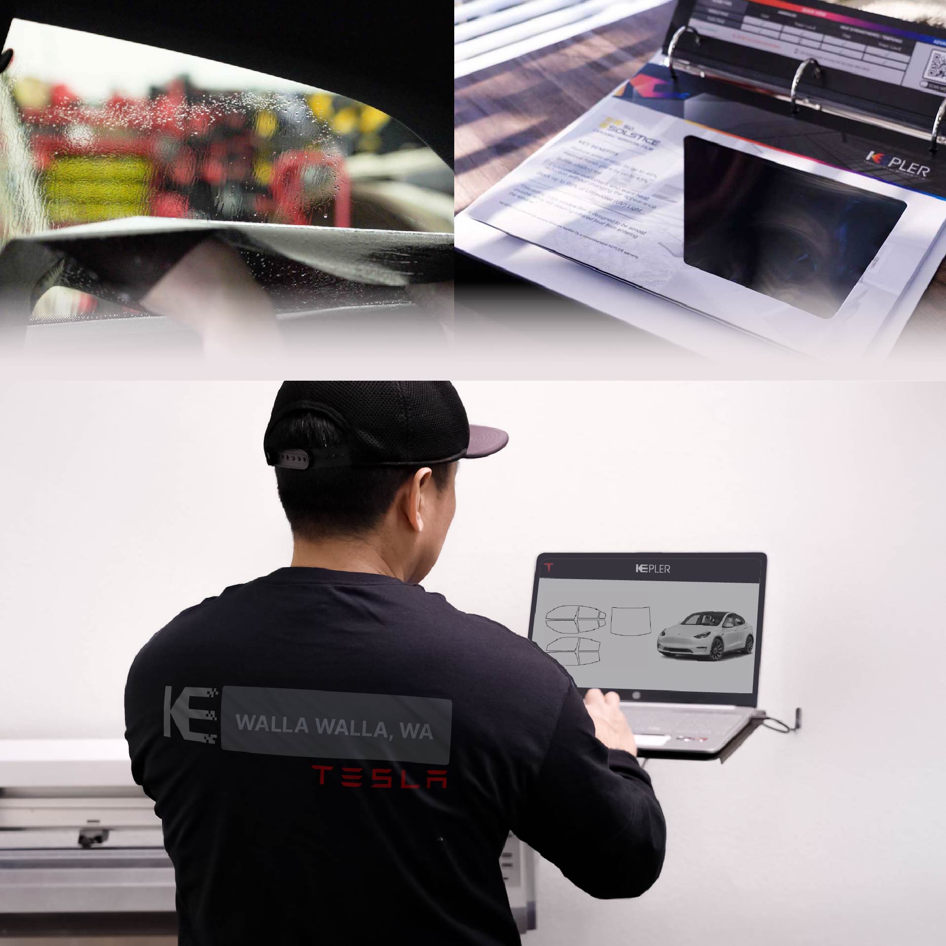 Kepler Technician Fitting Advanced Window Tint to Tesla in Walla Walla