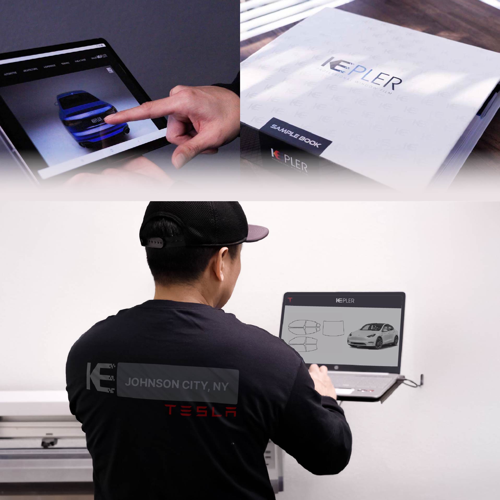 Expert Technician Applying Ceramic Window Tint to Tesla in Johnson City