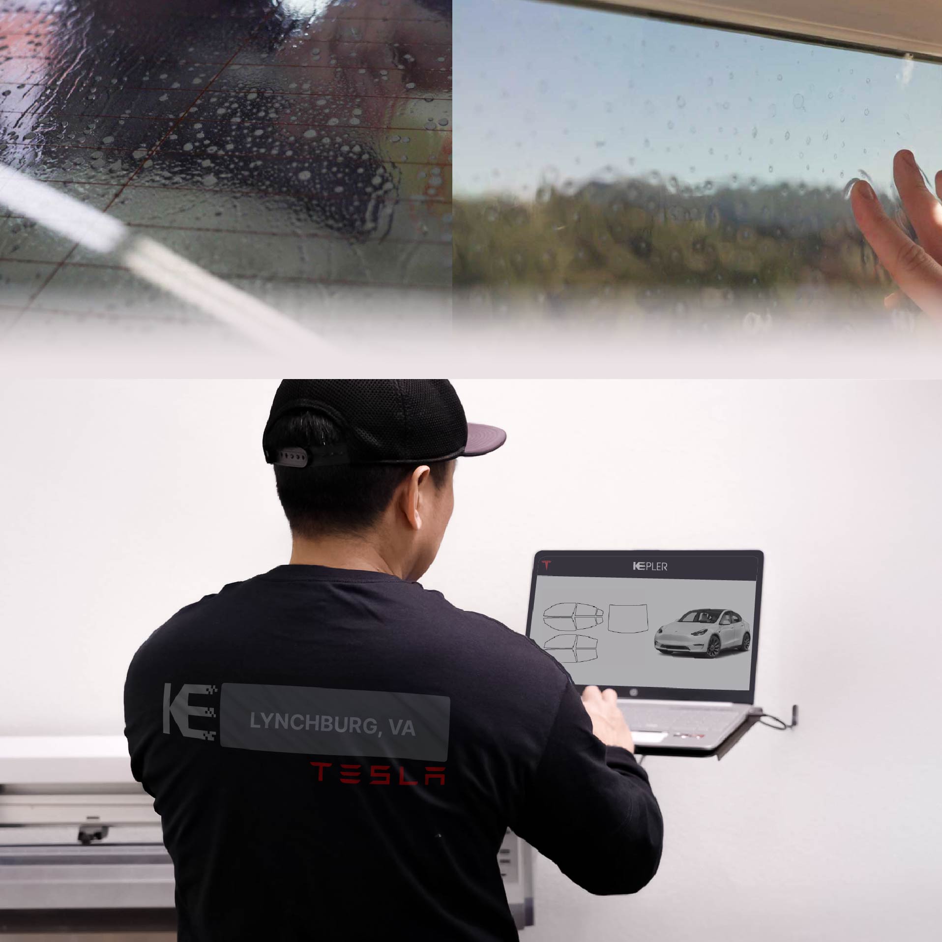 Expert Technician Installing High-tech Window Tint to Tesla in Lynchburg