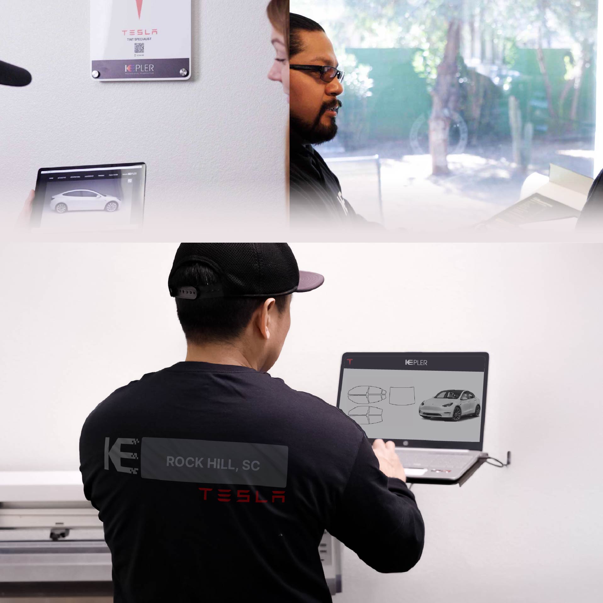 Expert Technician Applying Advanced Window Tint to Tesla in Rock Hill