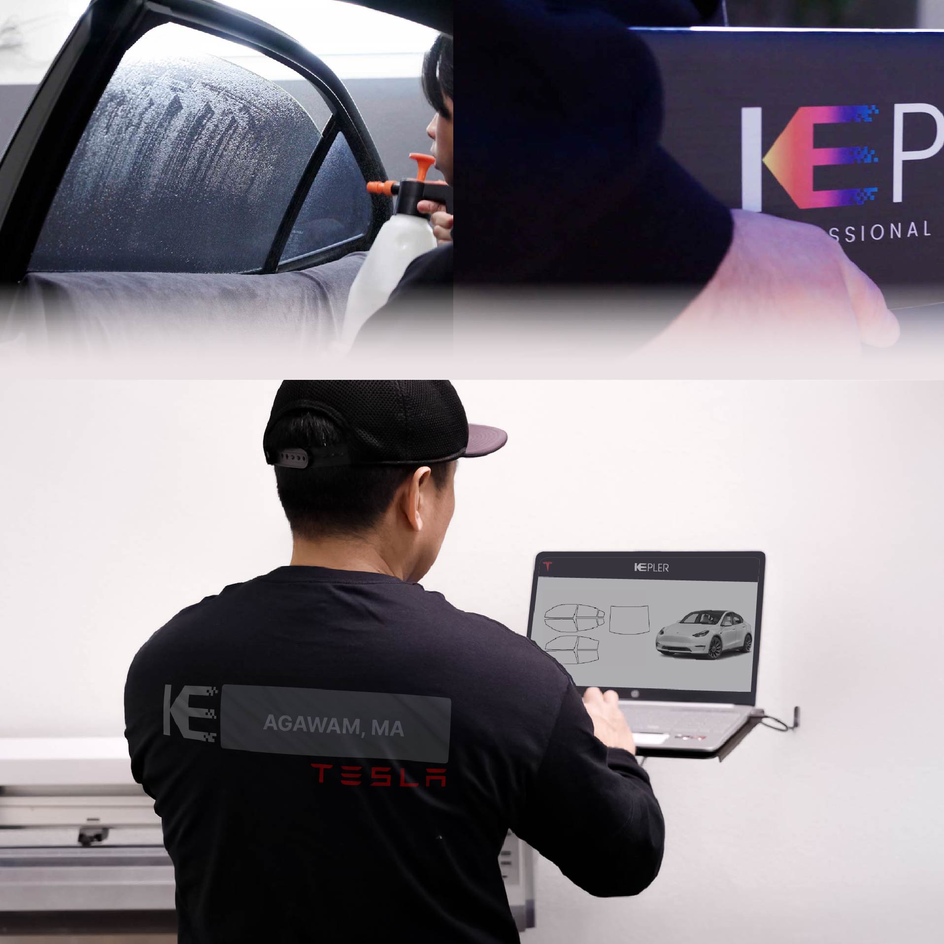 Expert Technician Fitting Ceramic Window Tint to Tesla in Agawam