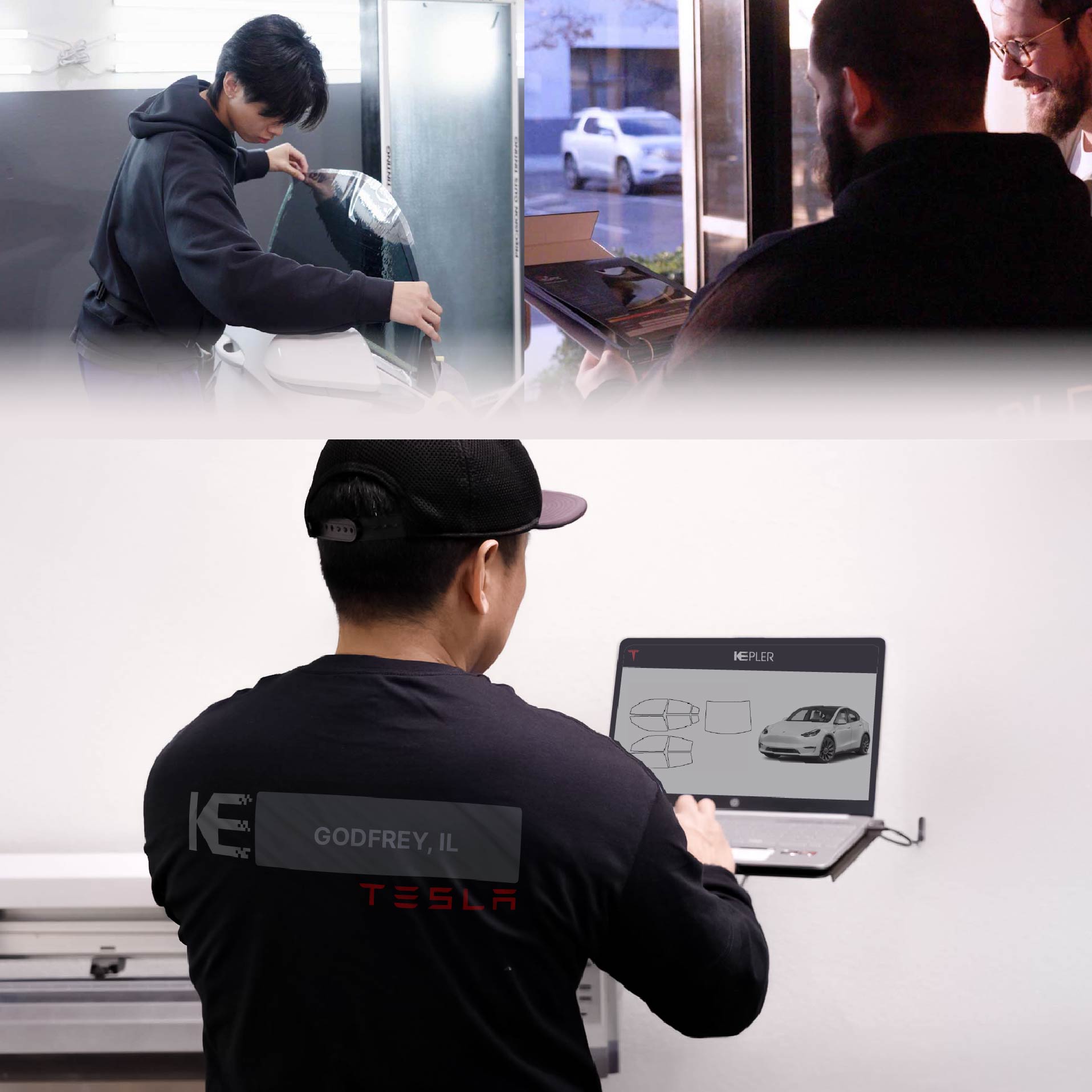 Kepler Technician Installing Advanced Window Tint to Tesla in Godfrey