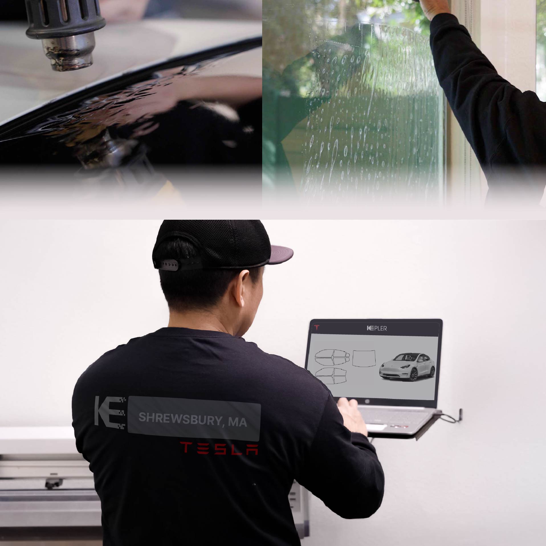 Expert Technician Installing High-tech Window Tint to Tesla in Shrewsbury