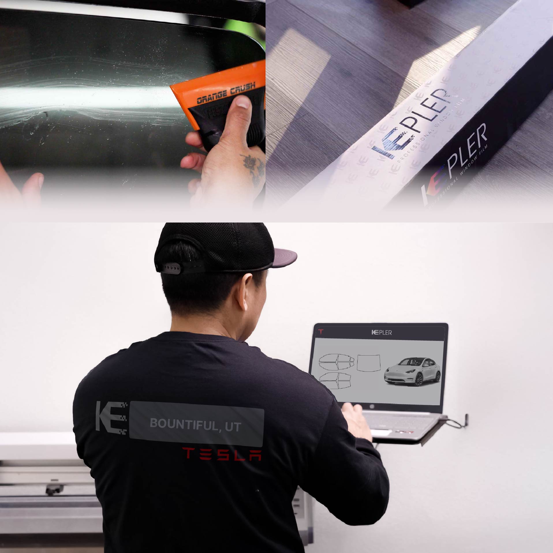 Kepler Technician Applying High-tech Window Tint to Tesla in Bountiful
