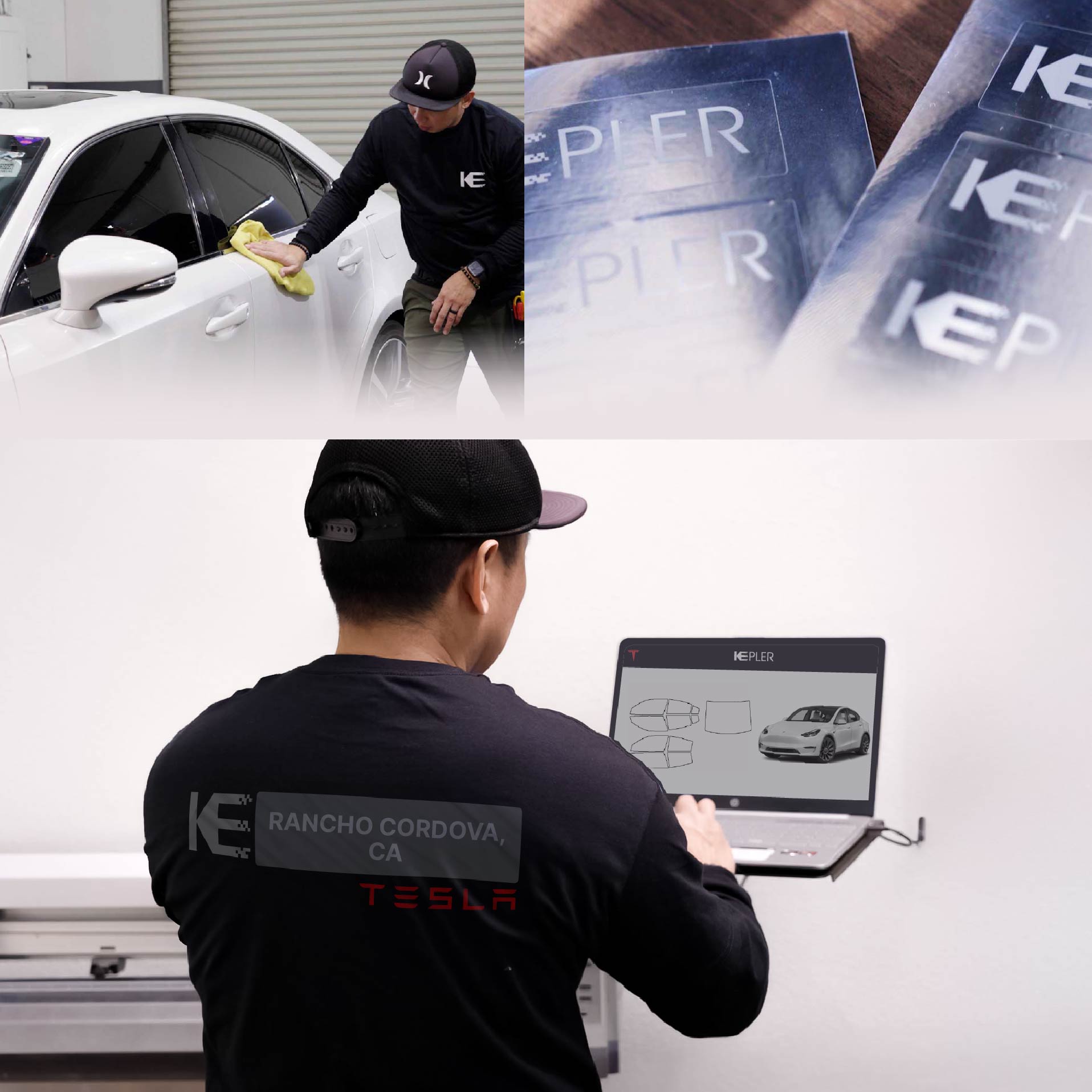 Expert Technician Fitting Ceramic Window Tint to Tesla in Rancho Cordova