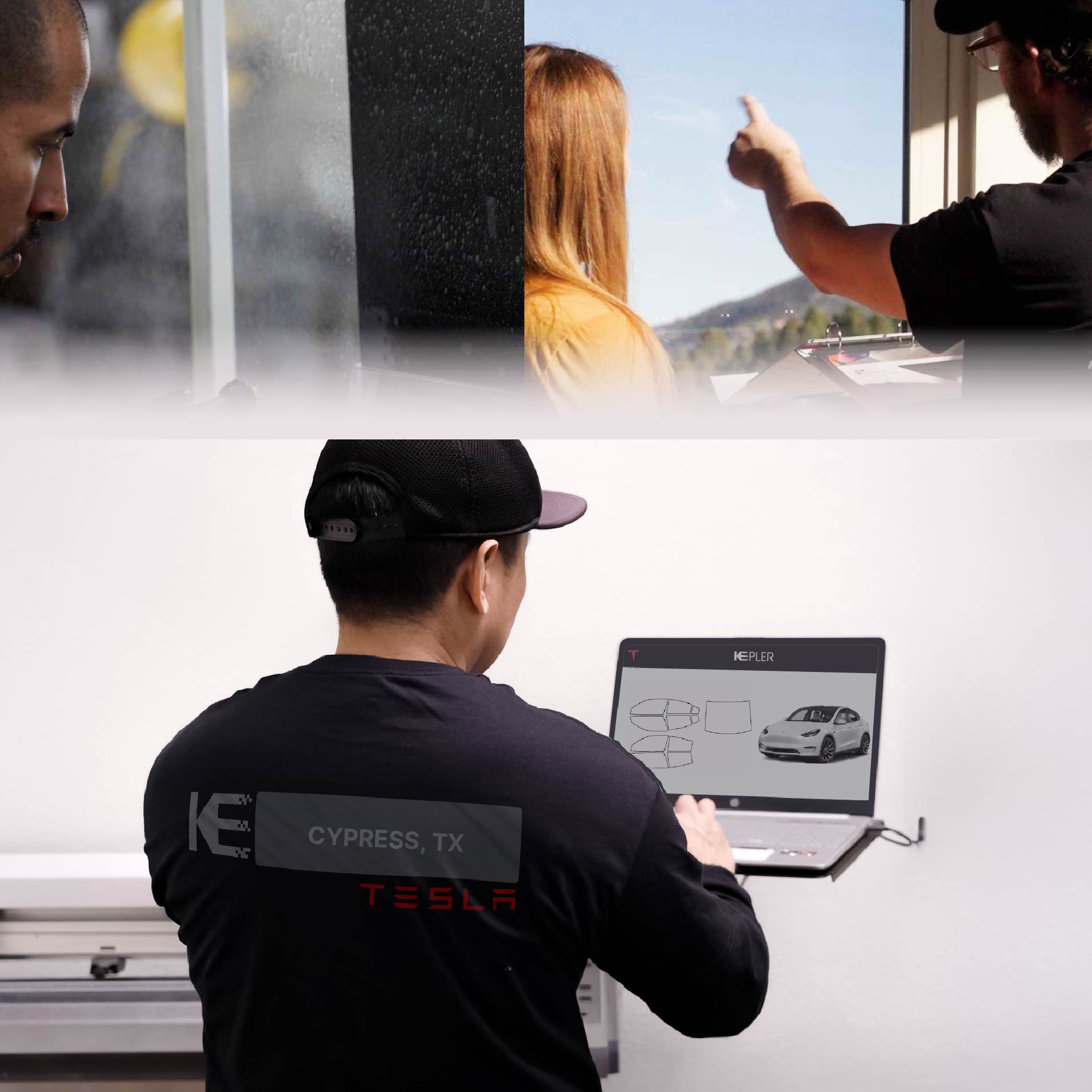 Expert Technician Installing Ceramic Window Tint to Tesla in Cypress