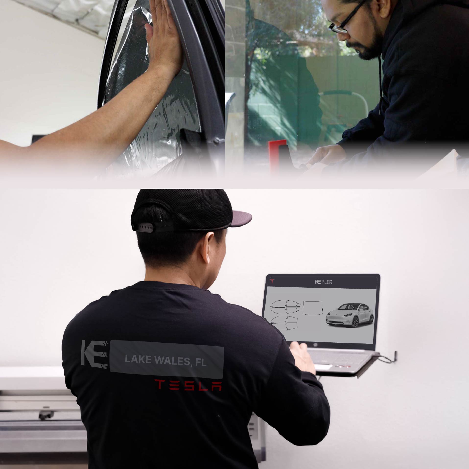 Kepler Technician Installing Ceramic Window Tint to Tesla in Lake Wales