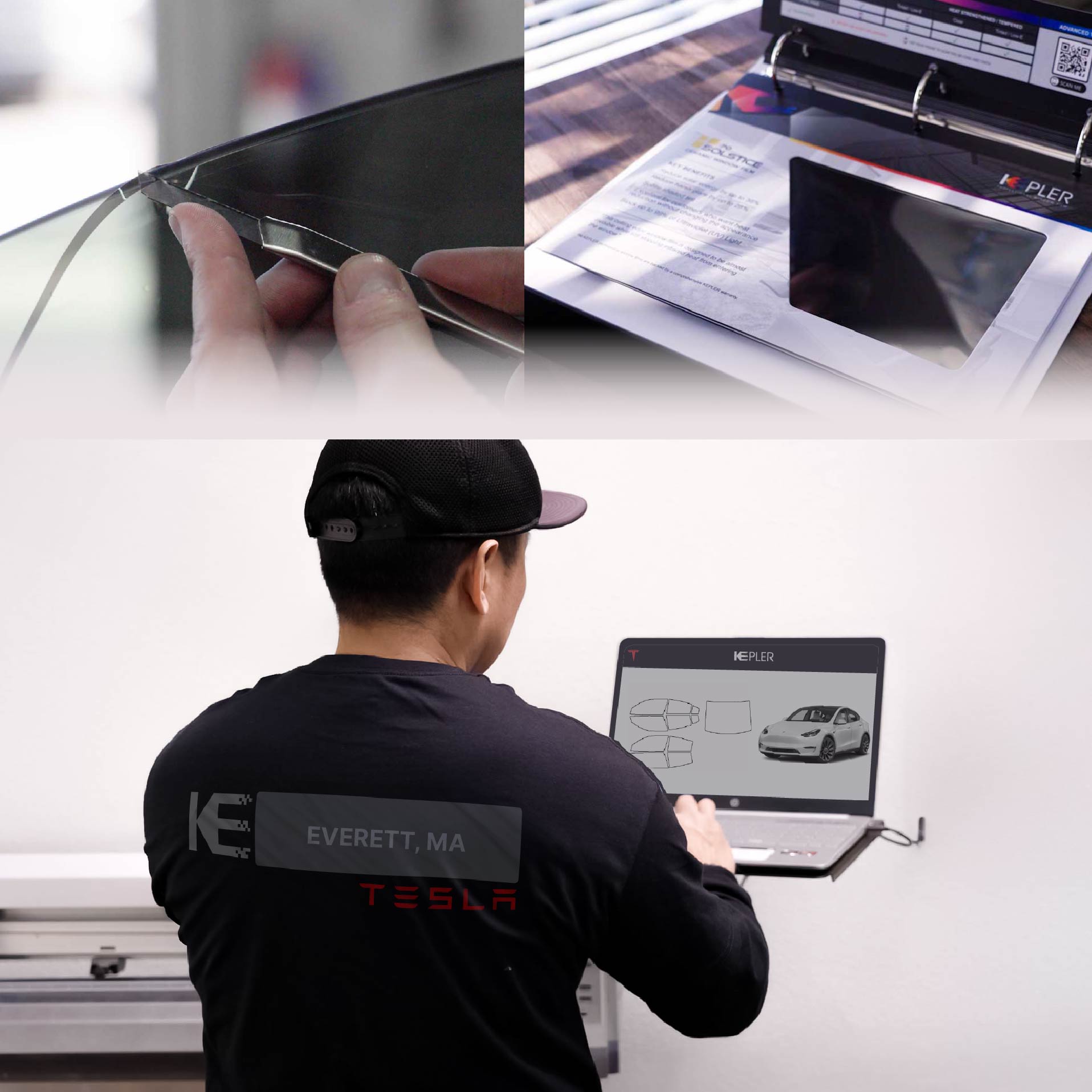 Expert Technician Installing Advanced Window Tint to Tesla in Everett