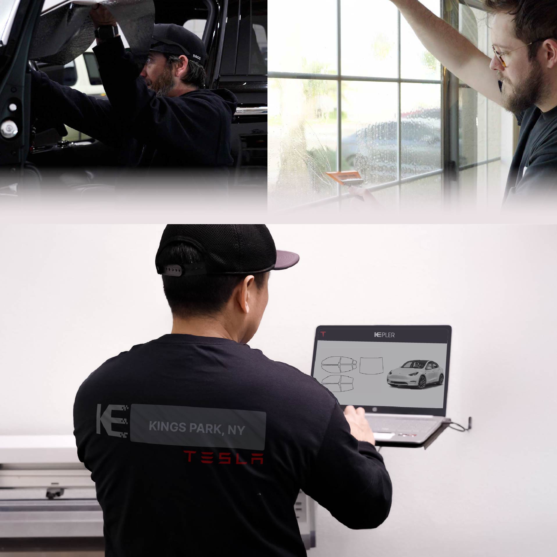 Expert Technician Fitting Advanced Window Tint to Tesla in Kings Park