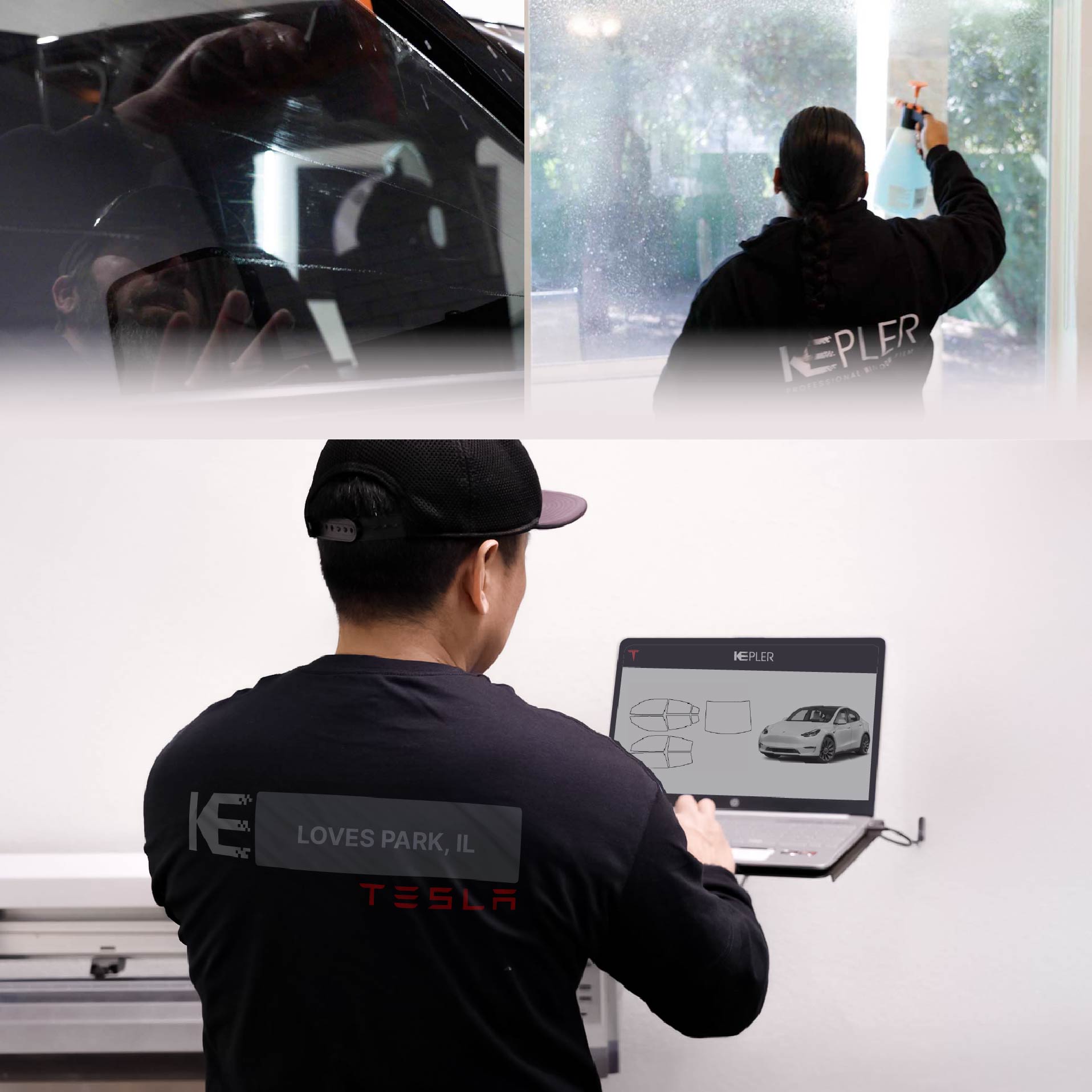 Kepler Technician Applying Advanced Window Tint to Tesla in Loves Park
