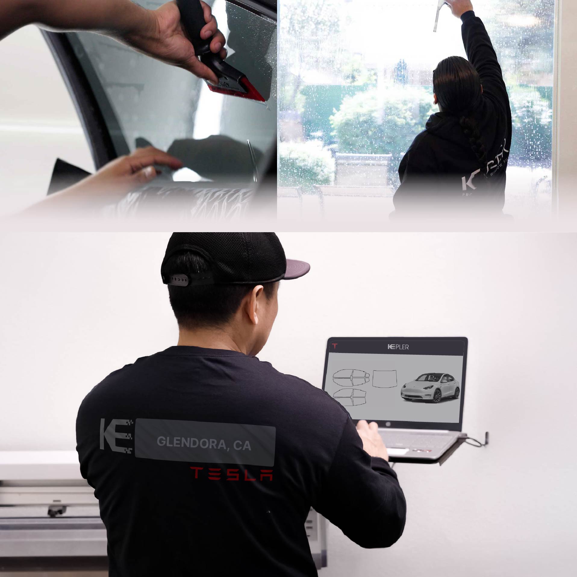 Expert Technician Installing Ceramic Window Tint to Tesla in Glendora