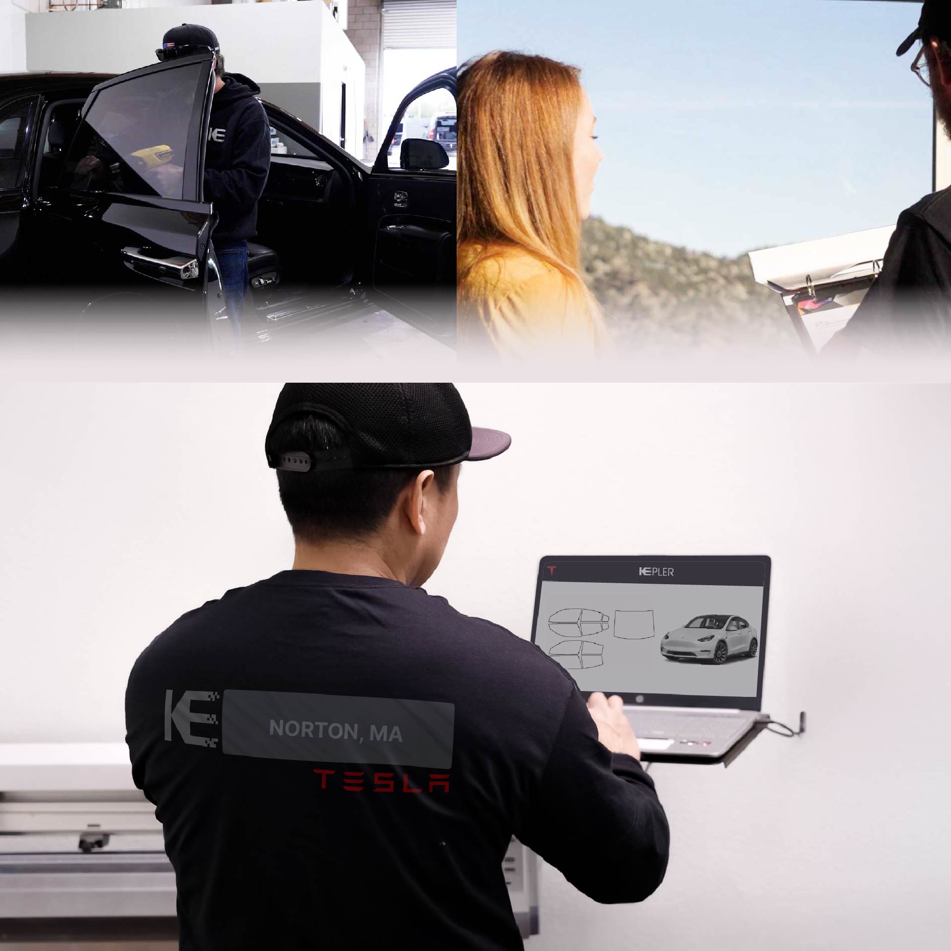 Kepler Technician Fitting Ceramic Window Tint to Tesla in Norton