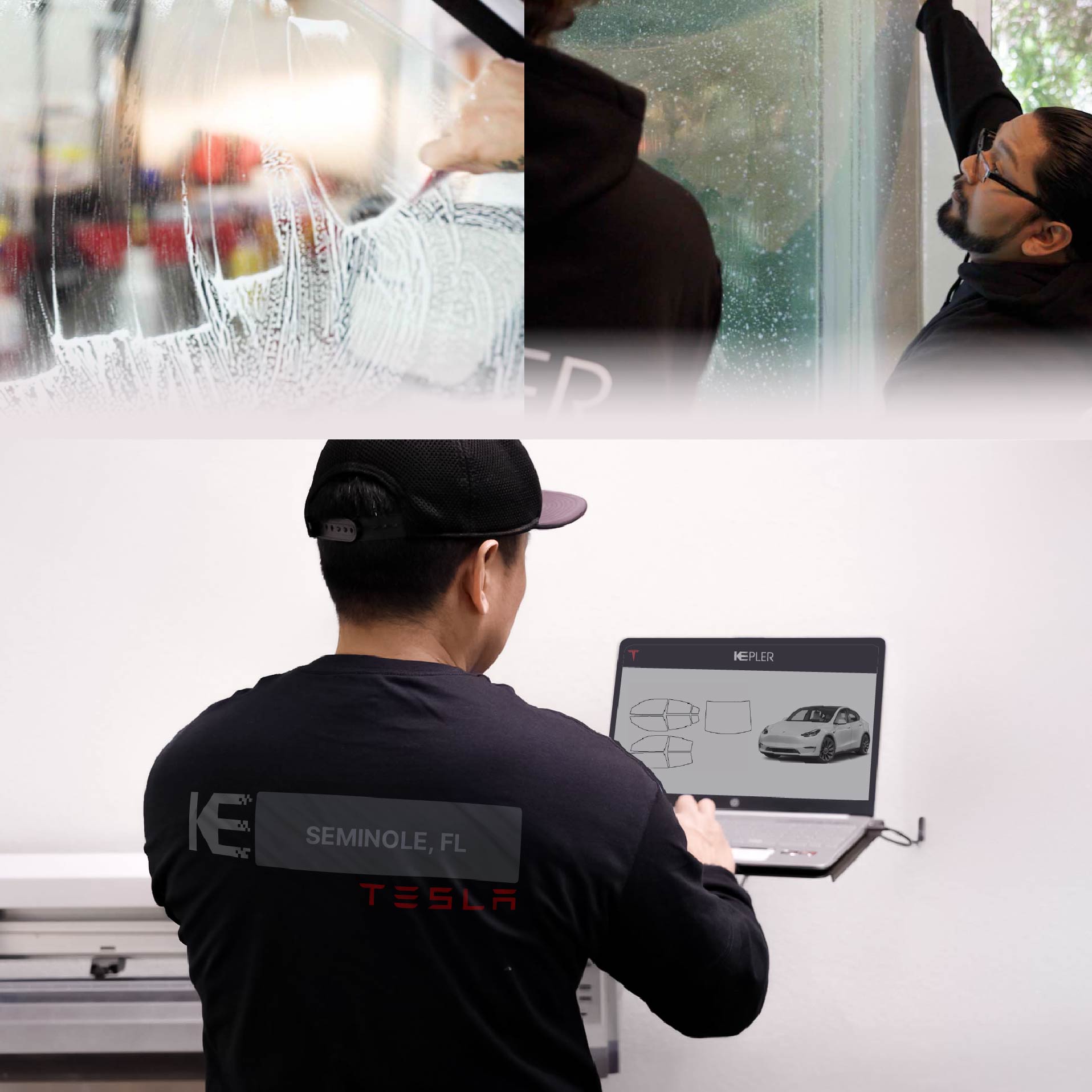 Expert Technician Installing High-tech Window Tint to Tesla in Seminole