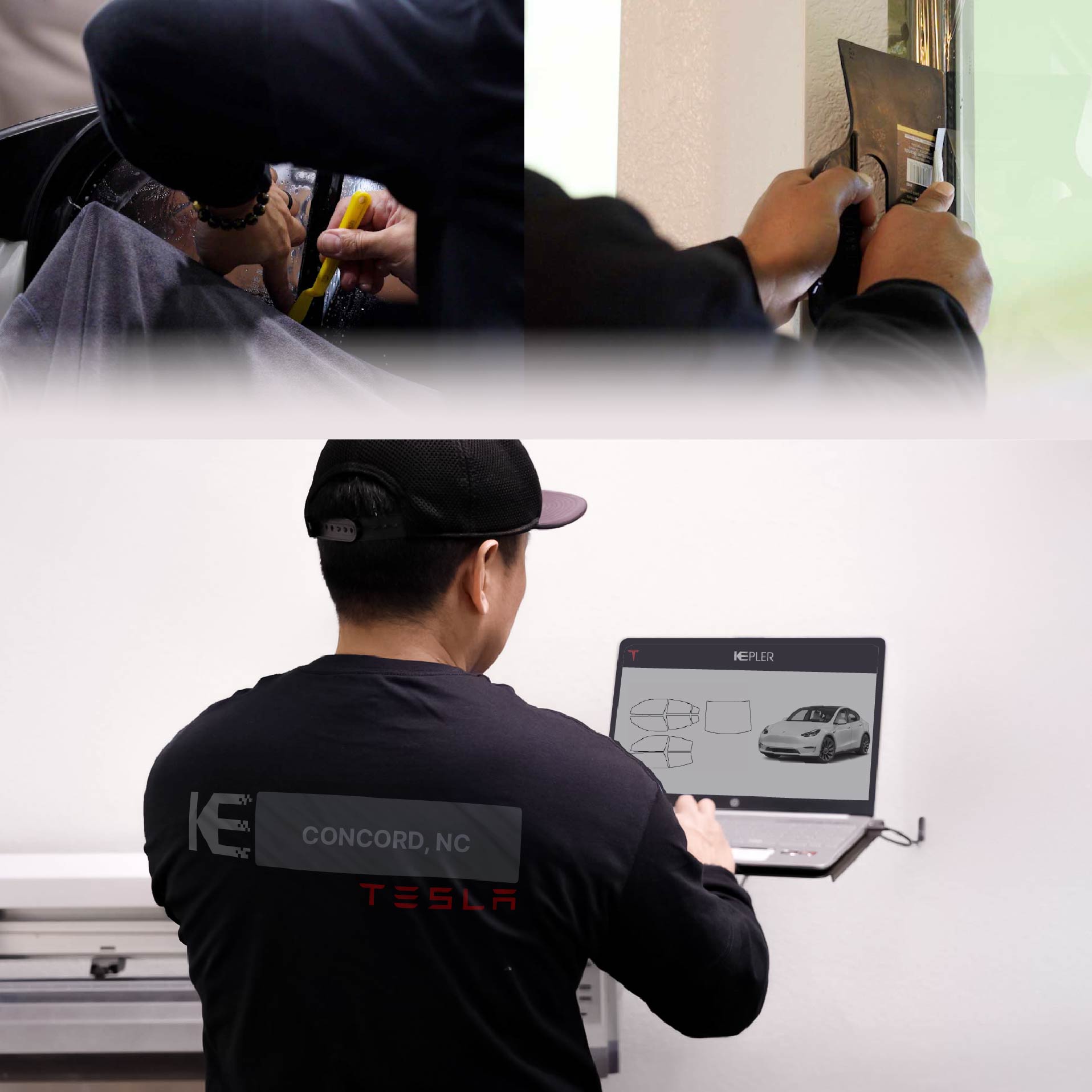 Expert Technician Fitting High-tech Window Tint to Tesla in Concord