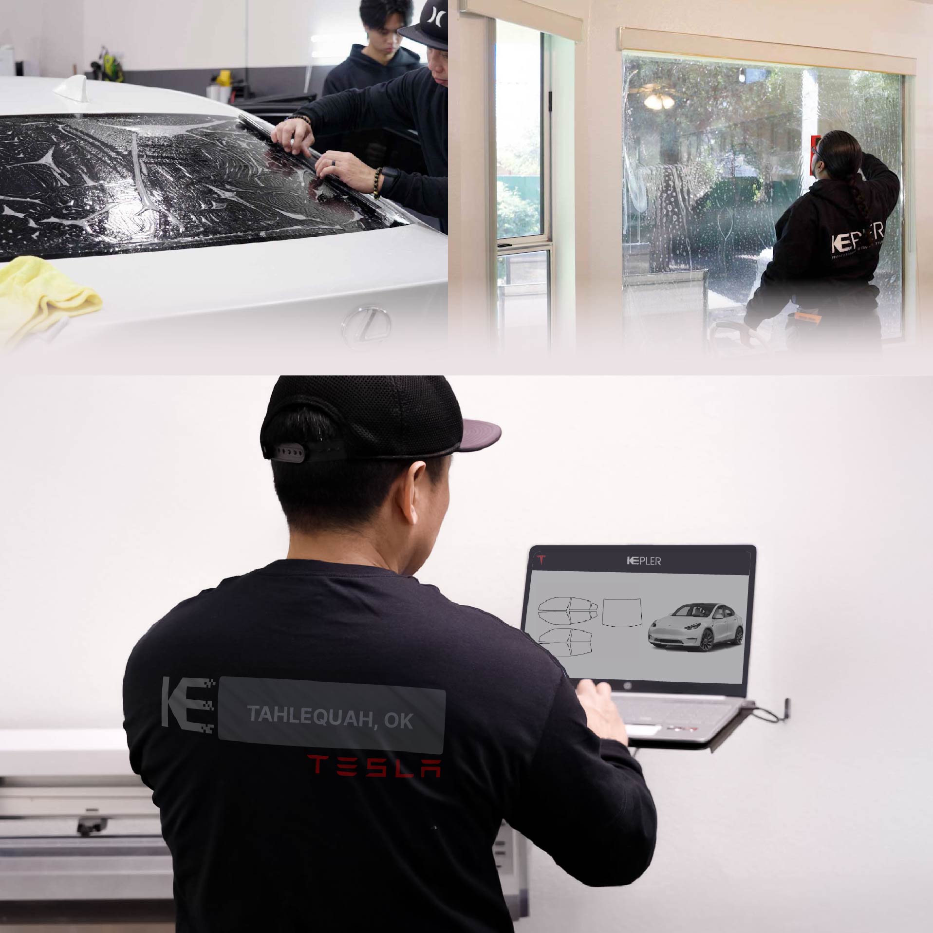 Expert Technician Fitting Advanced Window Tint to Tesla in Tahlequah