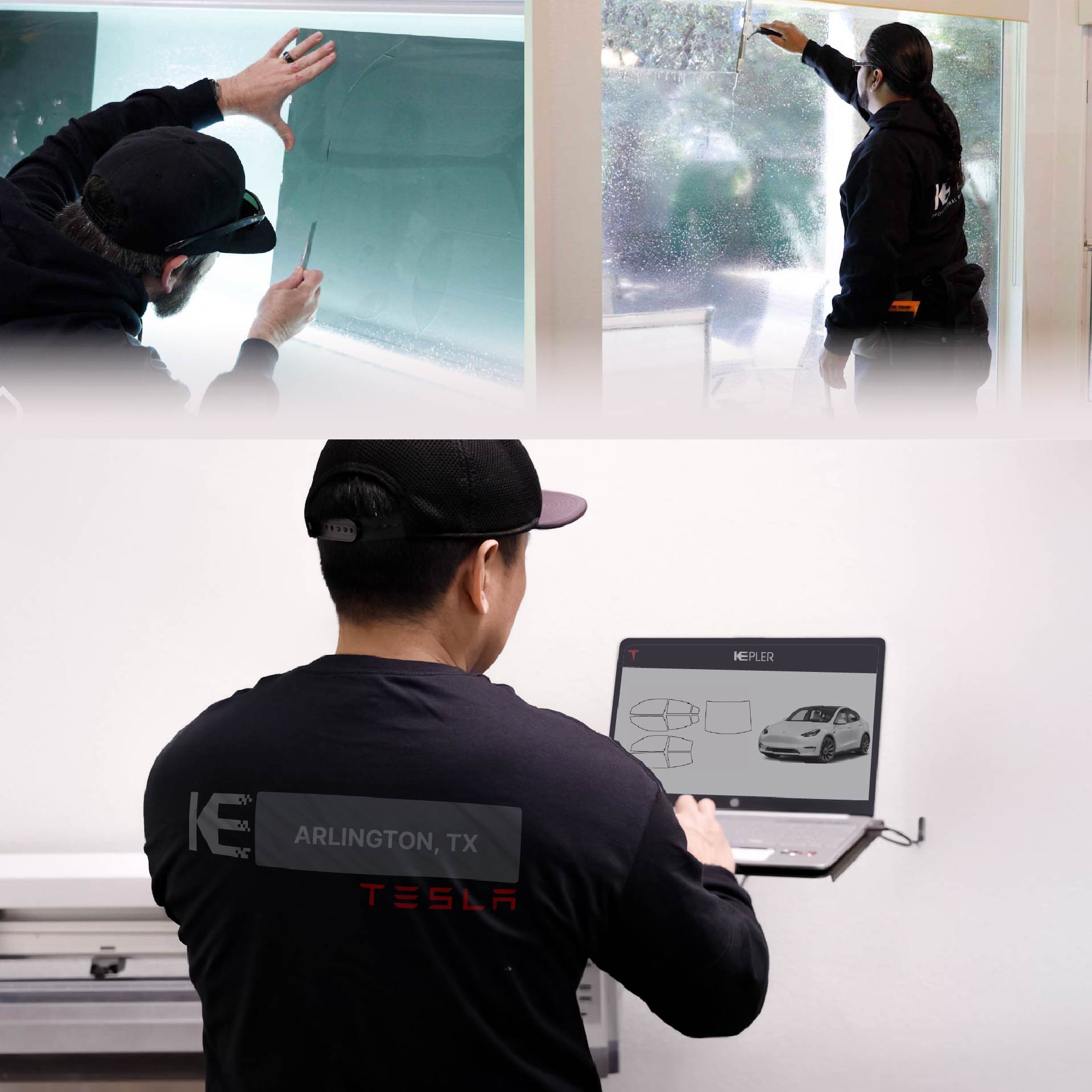 Kepler Technician Applying Advanced Window Tint to Tesla in Arlington