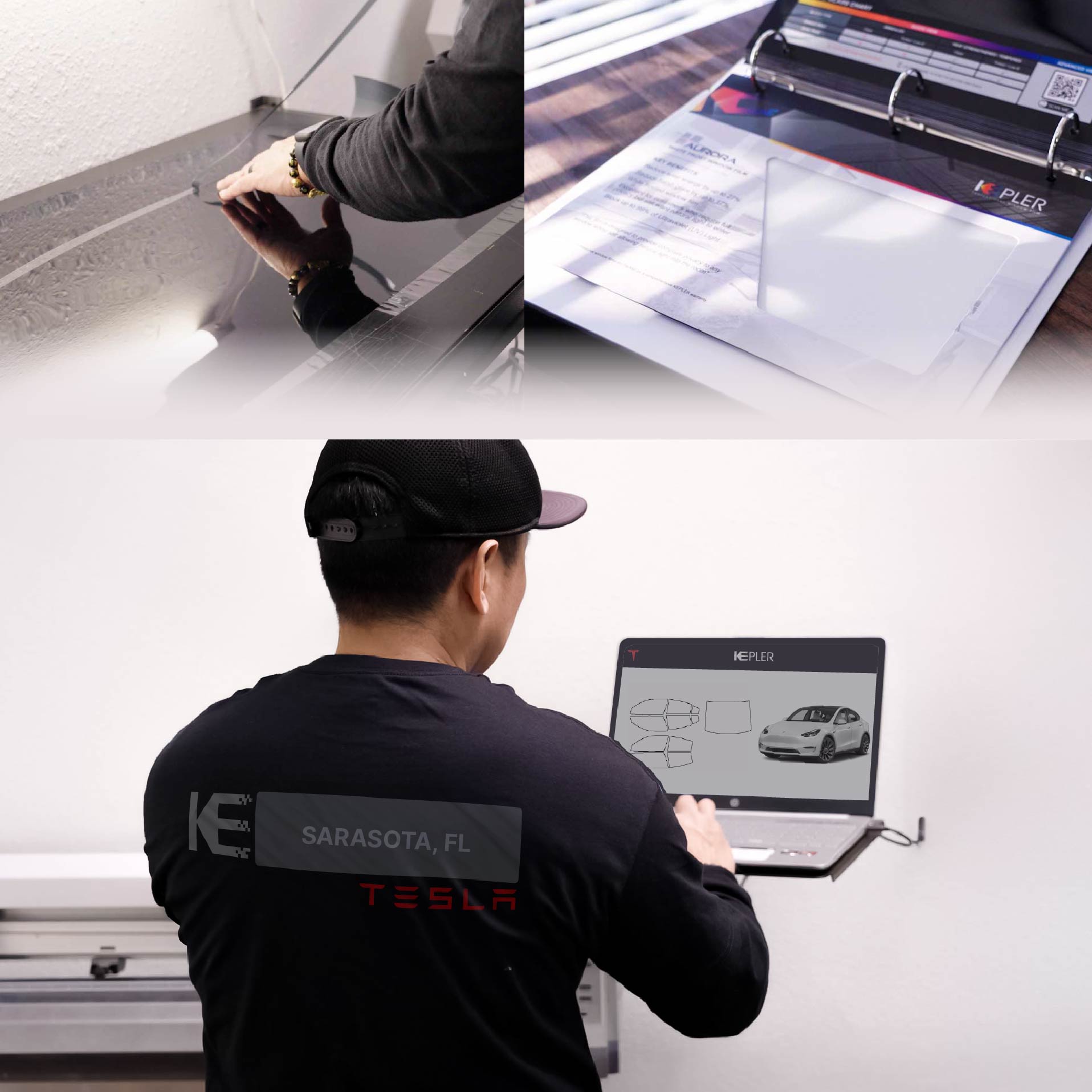 Expert Technician Fitting Ceramic Window Tint to Tesla in Sarasota