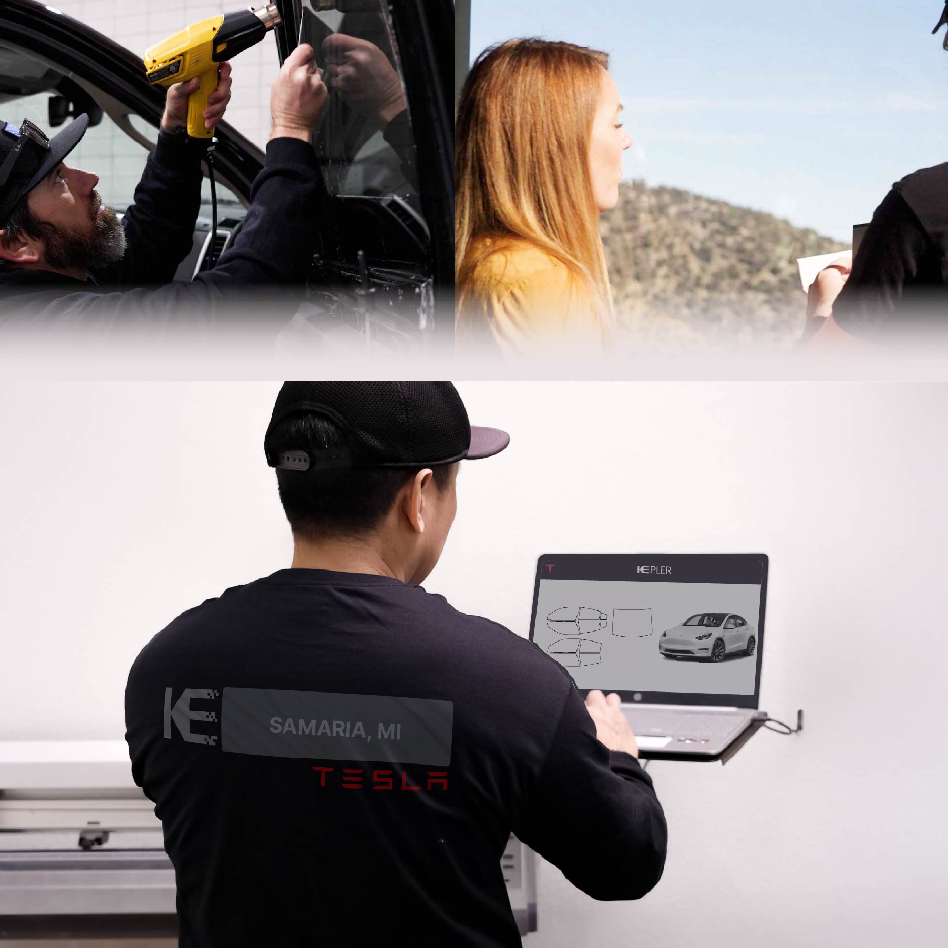 Expert Technician Fitting Advanced Window Tint to Tesla in Samaria