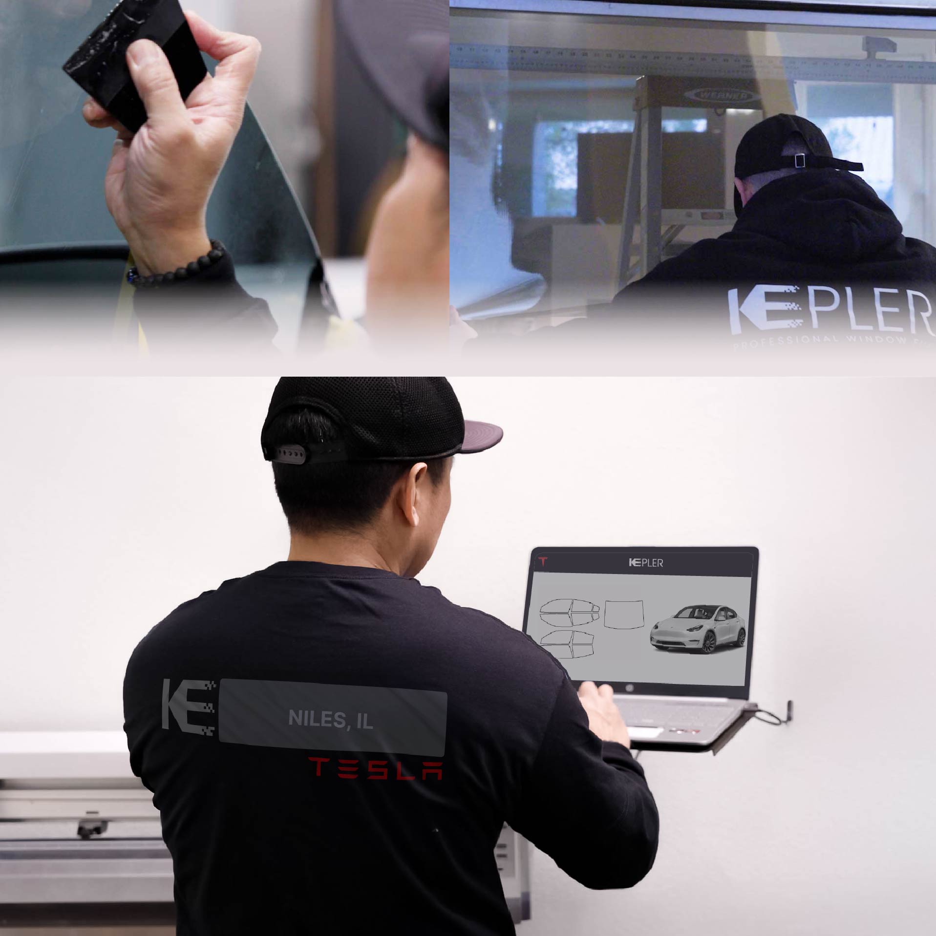 Expert Technician Fitting Advanced Window Tint to Tesla in Niles