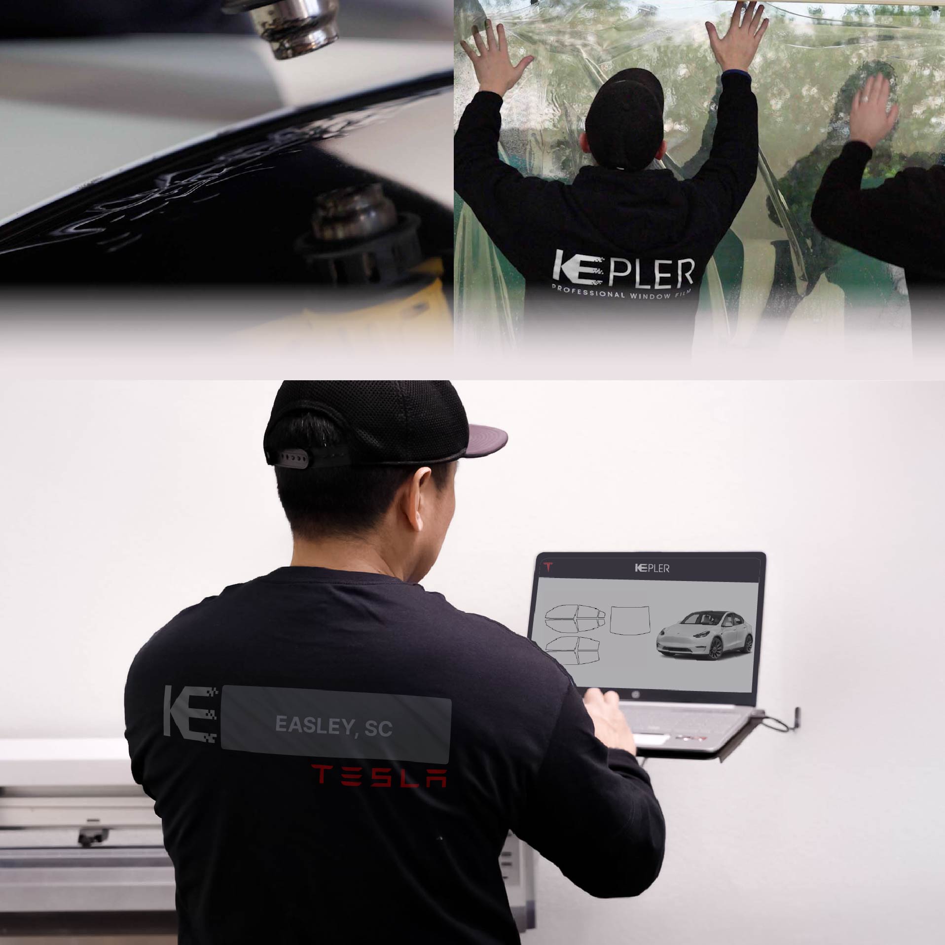 Expert Technician Applying High-tech Window Tint to Tesla in Easley