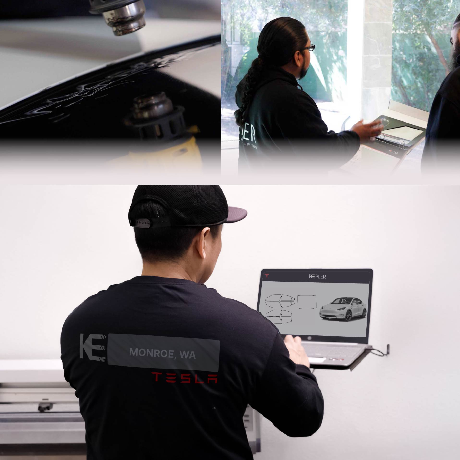 Expert Technician Applying Advanced Window Tint to Tesla in Monroe