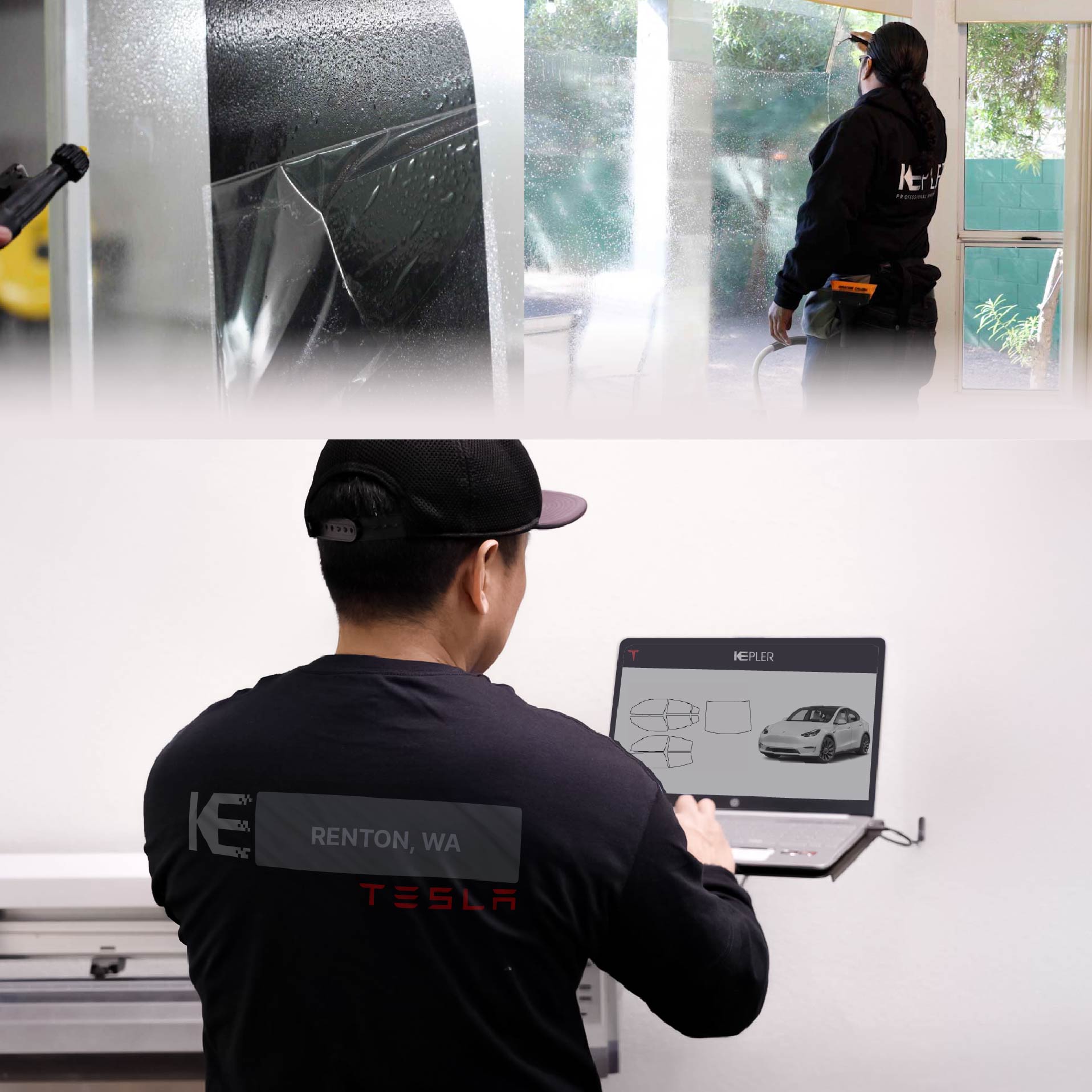 Kepler Technician Installing High-tech Window Tint to Tesla in Renton