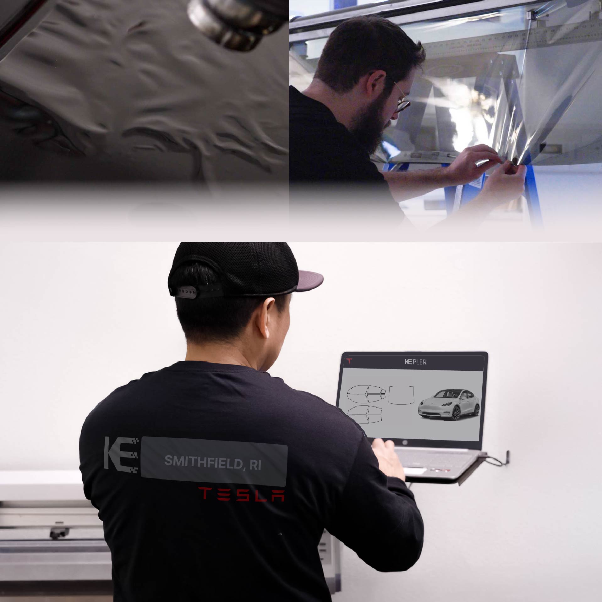Expert Technician Applying Advanced Window Tint to Tesla in Smithfield