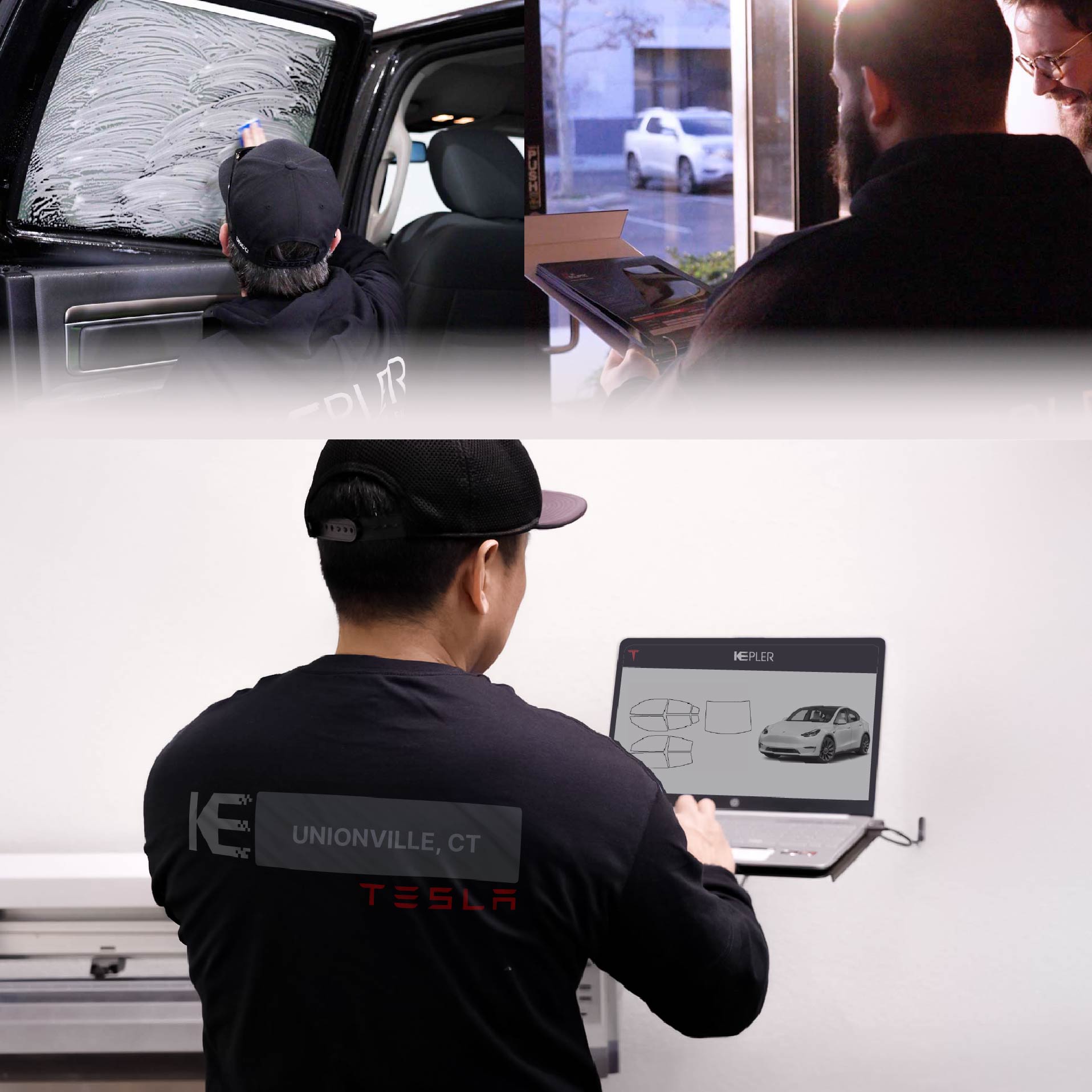 Expert Technician Applying High-tech Window Tint to Tesla in Unionville