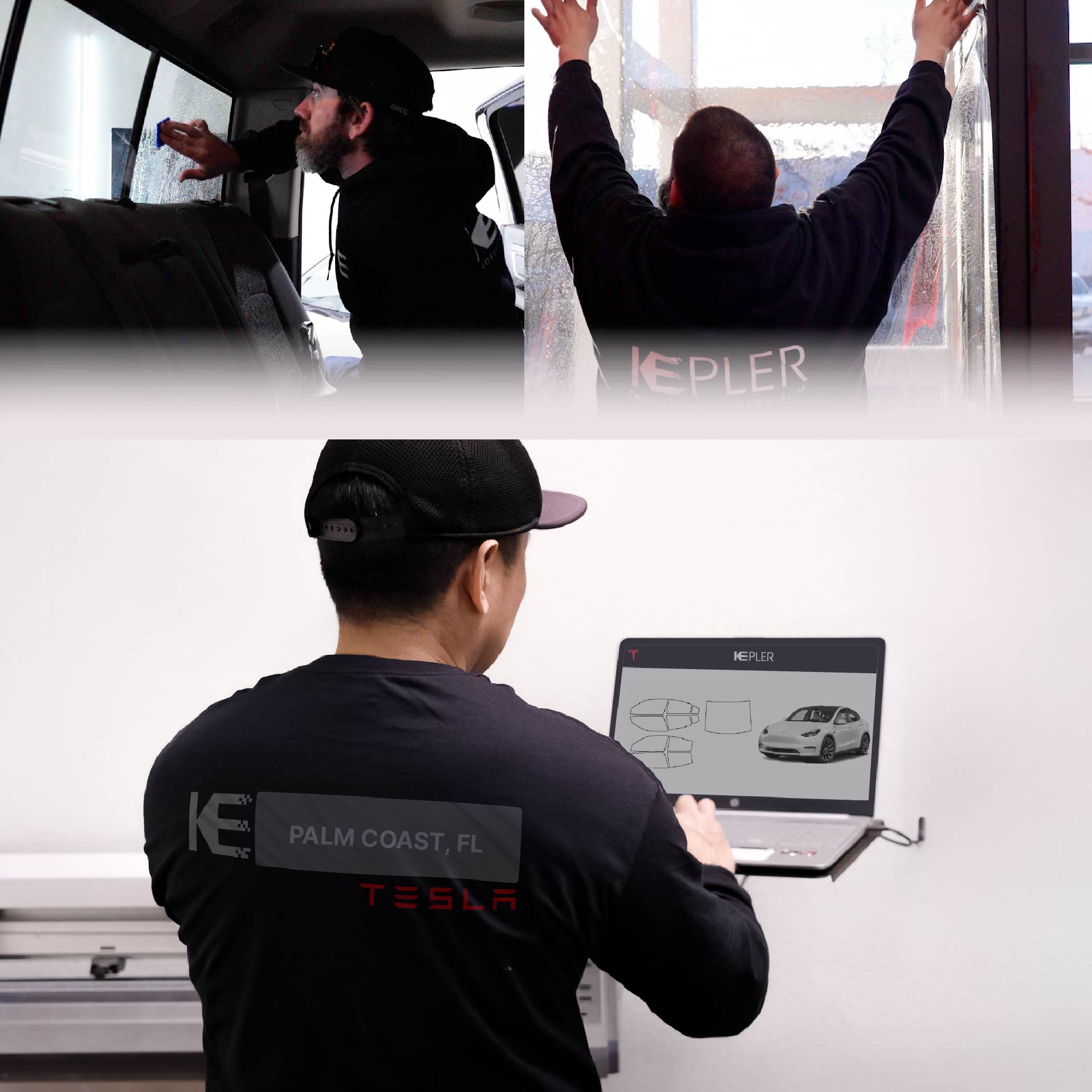 Expert Technician Installing Advanced Window Tint to Tesla in Palm Coast