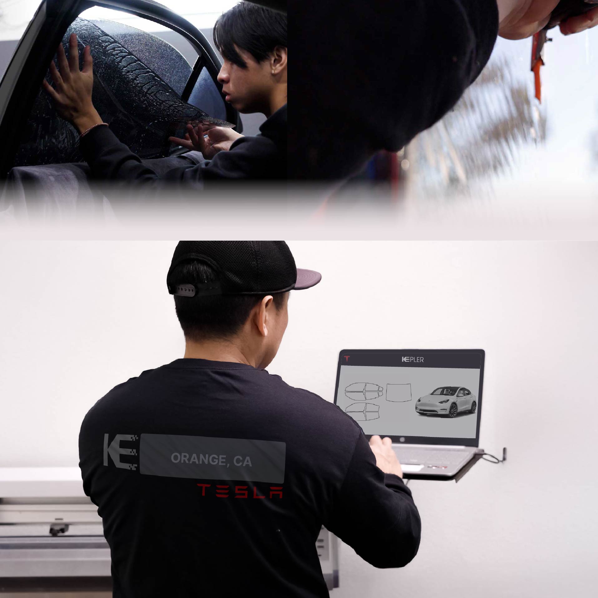 Kepler Technician Applying Advanced Window Tint to Tesla in Orange