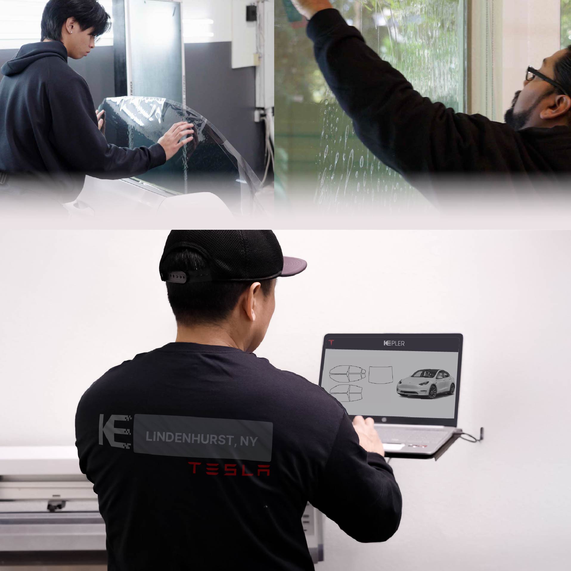 Kepler Technician Installing Ceramic Window Tint to Tesla in Lindenhurst