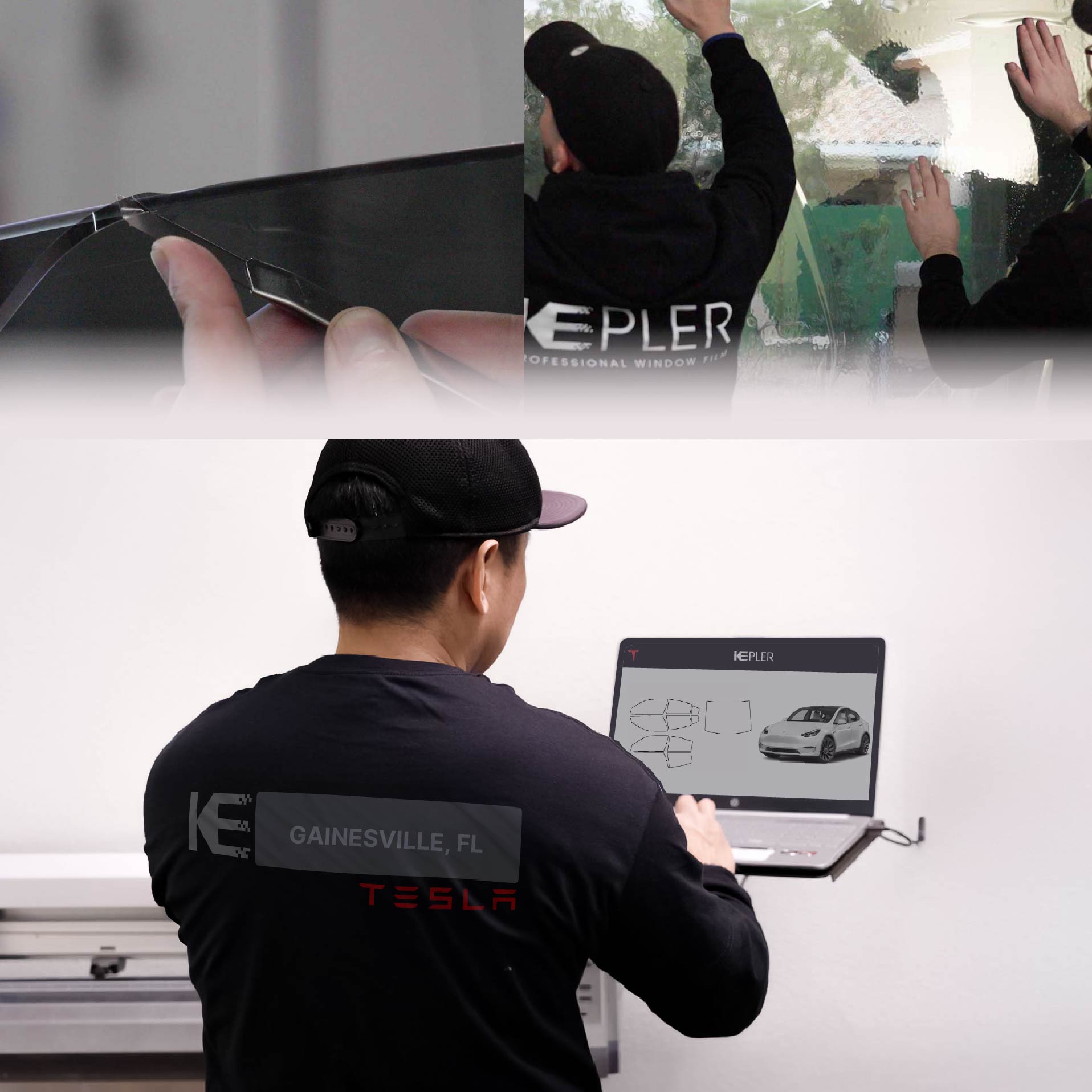 Expert Technician Installing Advanced Window Tint to Tesla in Gainesville