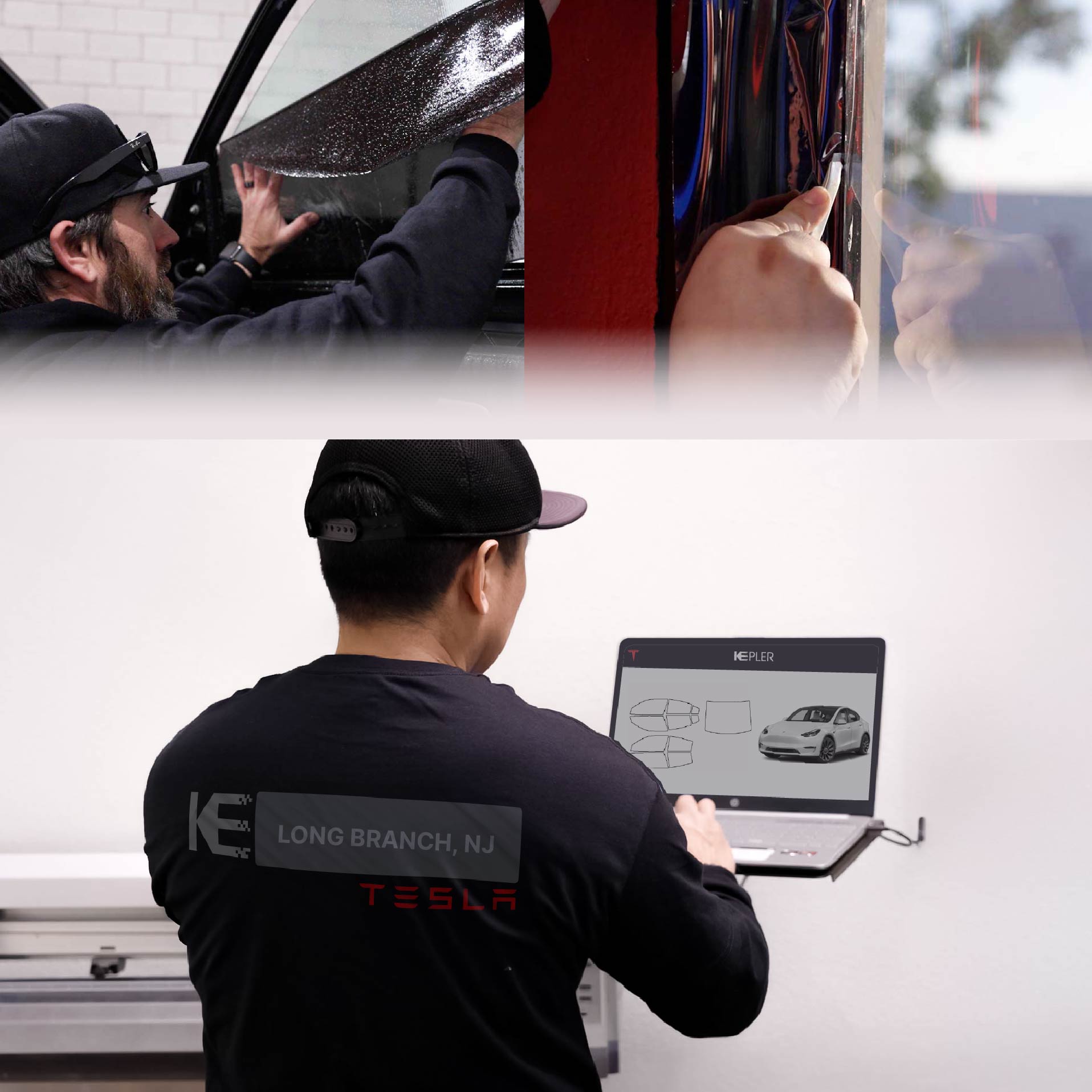 Expert Technician Fitting High-tech Window Tint to Tesla in Long Branch