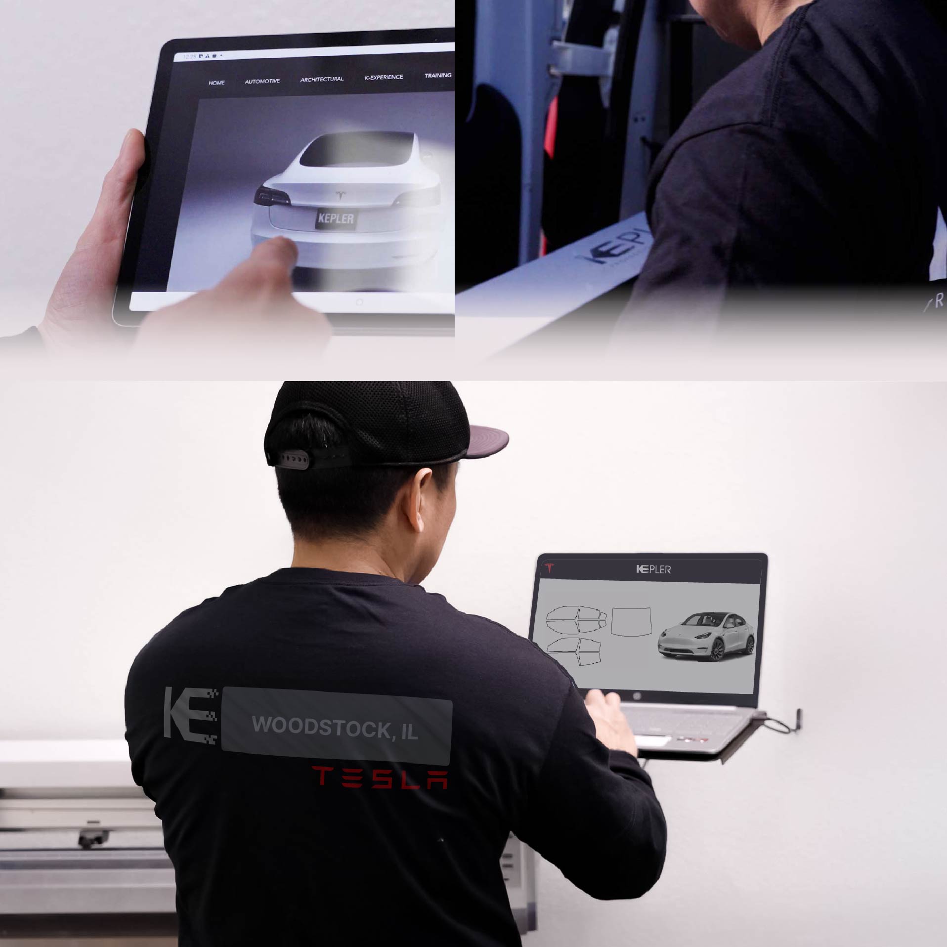 Expert Technician Installing Advanced Window Tint to Tesla in Woodstock