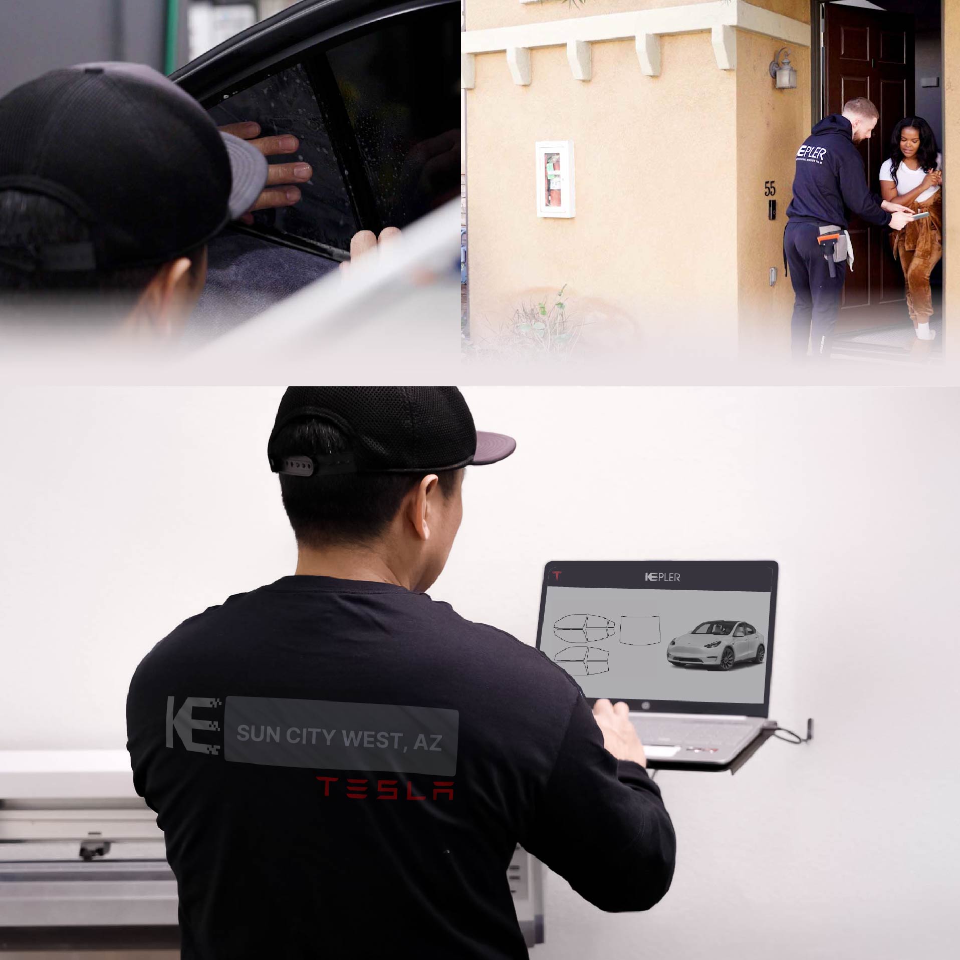 Expert Technician Fitting High-tech Window Tint to Tesla in Sun City West