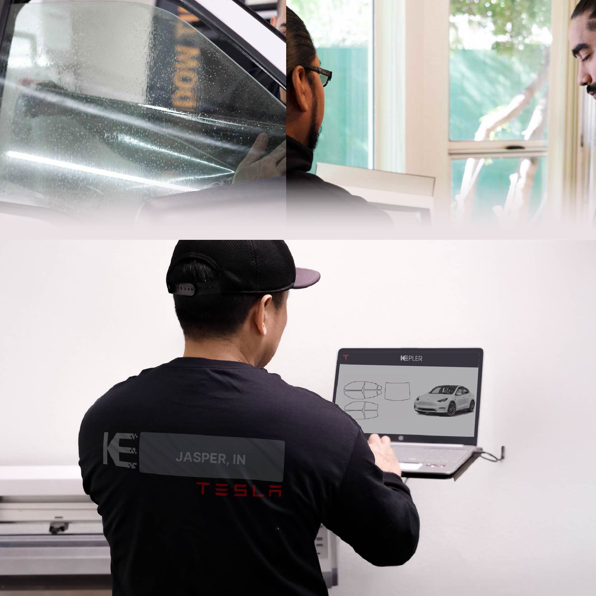 Expert Technician Fitting Advanced Window Tint to Tesla in Jasper