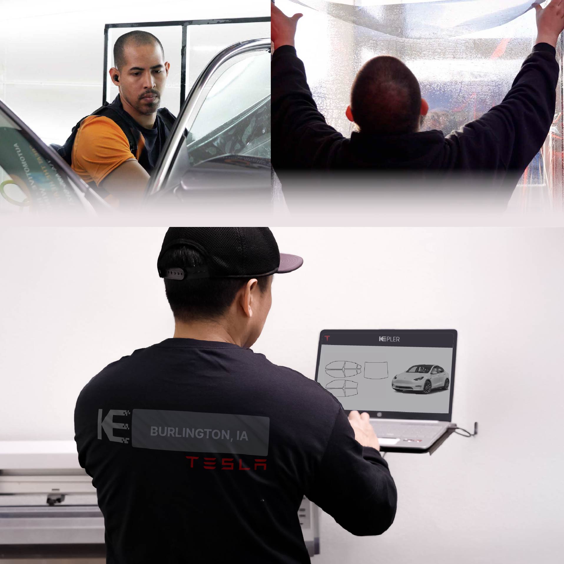Kepler Technician Applying High-tech Window Tint to Tesla in Burlington