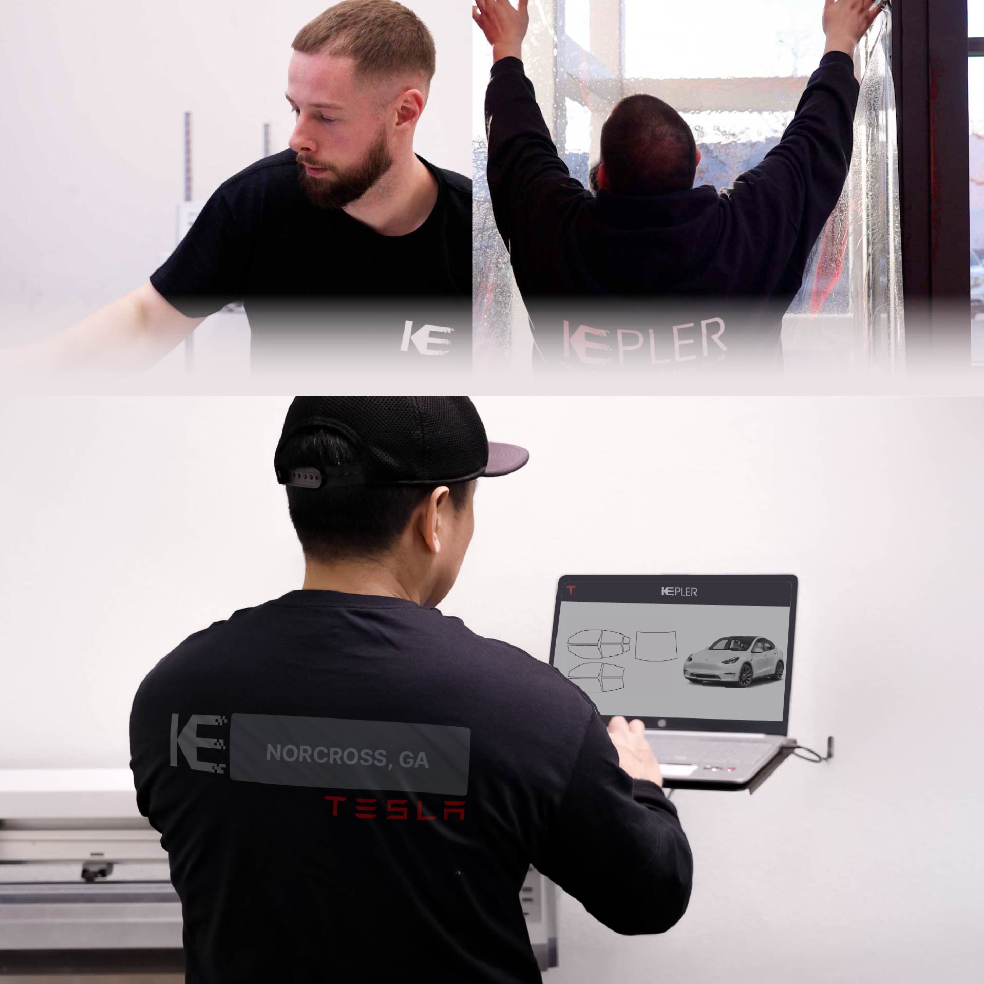 Kepler Technician Fitting Advanced Window Tint to Tesla in Norcross