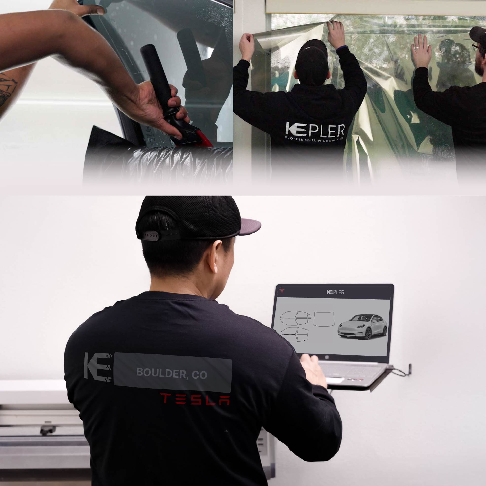 Expert Technician Fitting Ceramic Window Tint to Tesla in Boulder