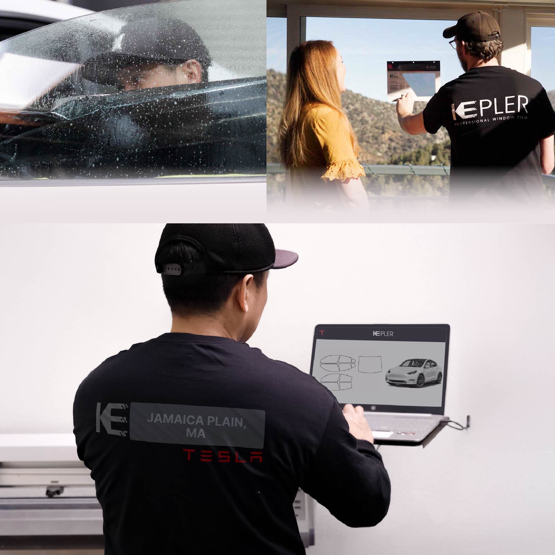 Kepler Technician Installing Advanced Window Tint to Tesla in Jamaica Plain