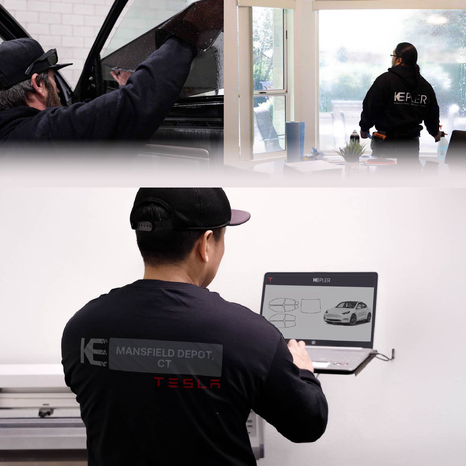 Expert Technician Installing Advanced Window Tint to Tesla in Mansfield Depot