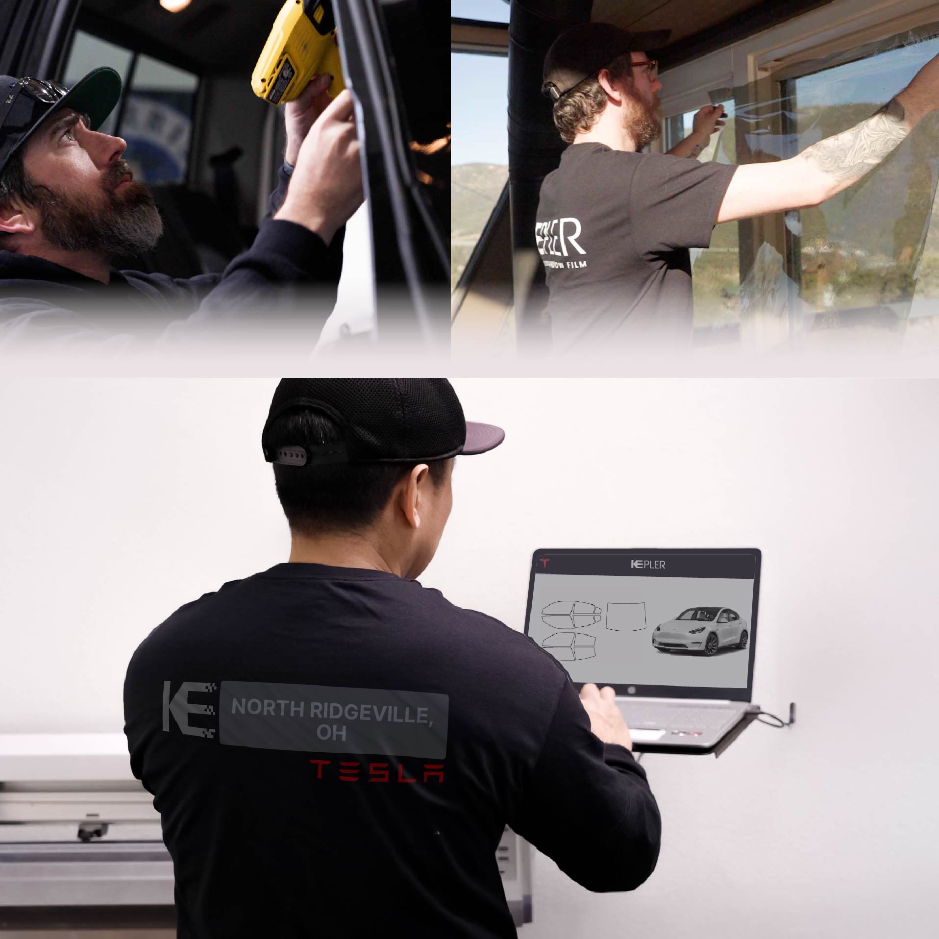 Expert Technician Installing Advanced Window Tint to Tesla in North Ridgeville