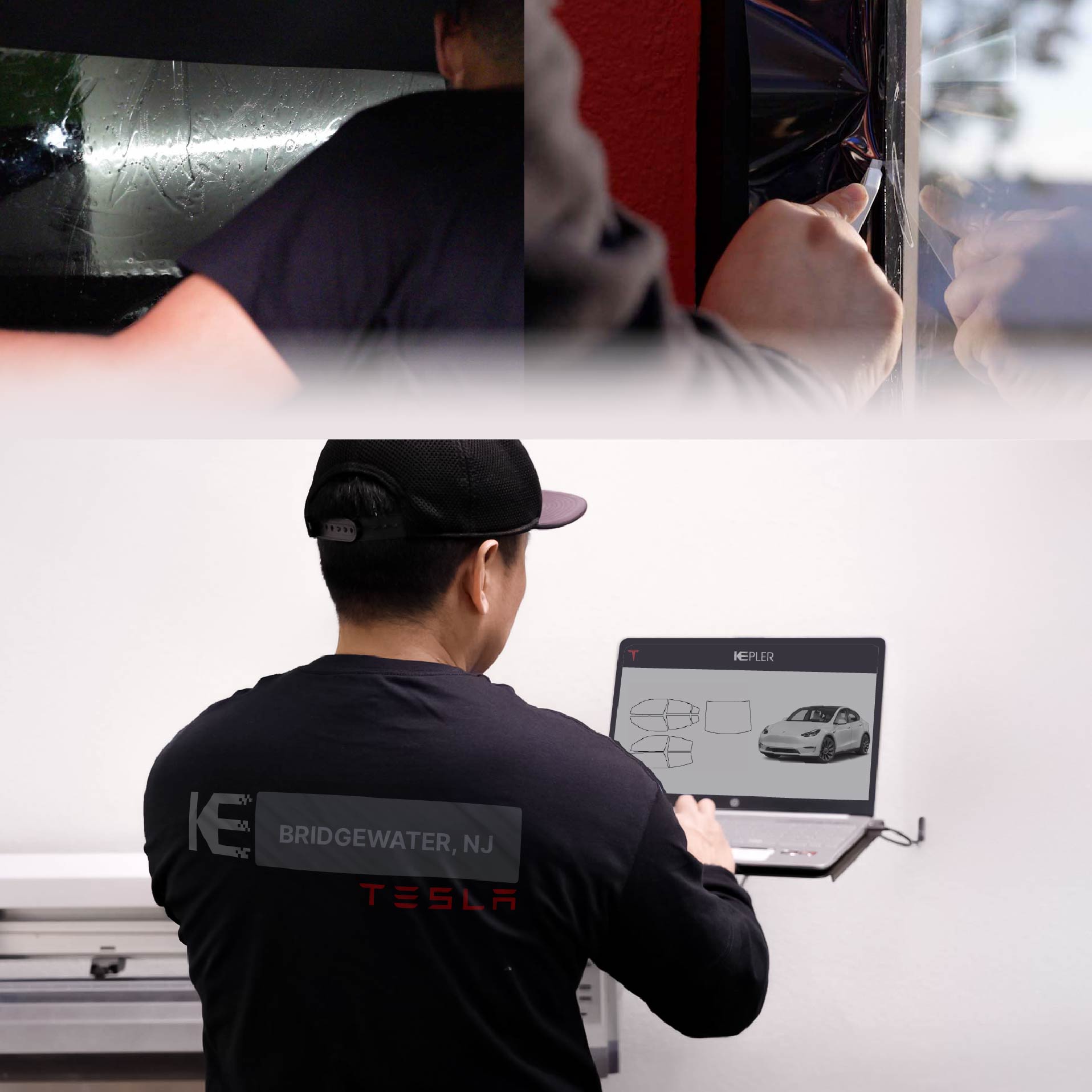 Kepler Technician Applying High-tech Window Tint to Tesla in Bridgewater